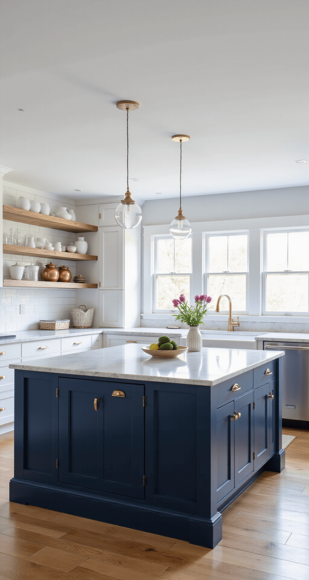 A contemporary kitchen featuring a large white marble island with navy blue base cabinets, illuminated by morning sunlight and accentuated by clear glass pendant lights, surrounded by white perimeter cabinets and natural oak flooring.