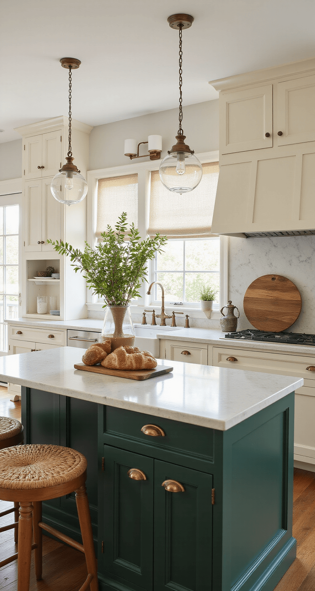 A transitional kitchen with deep forest green island and quartz countertops, cream cabinets, vintage glass pendant lights, and natural barstools, illuminated by warm afternoon light.
