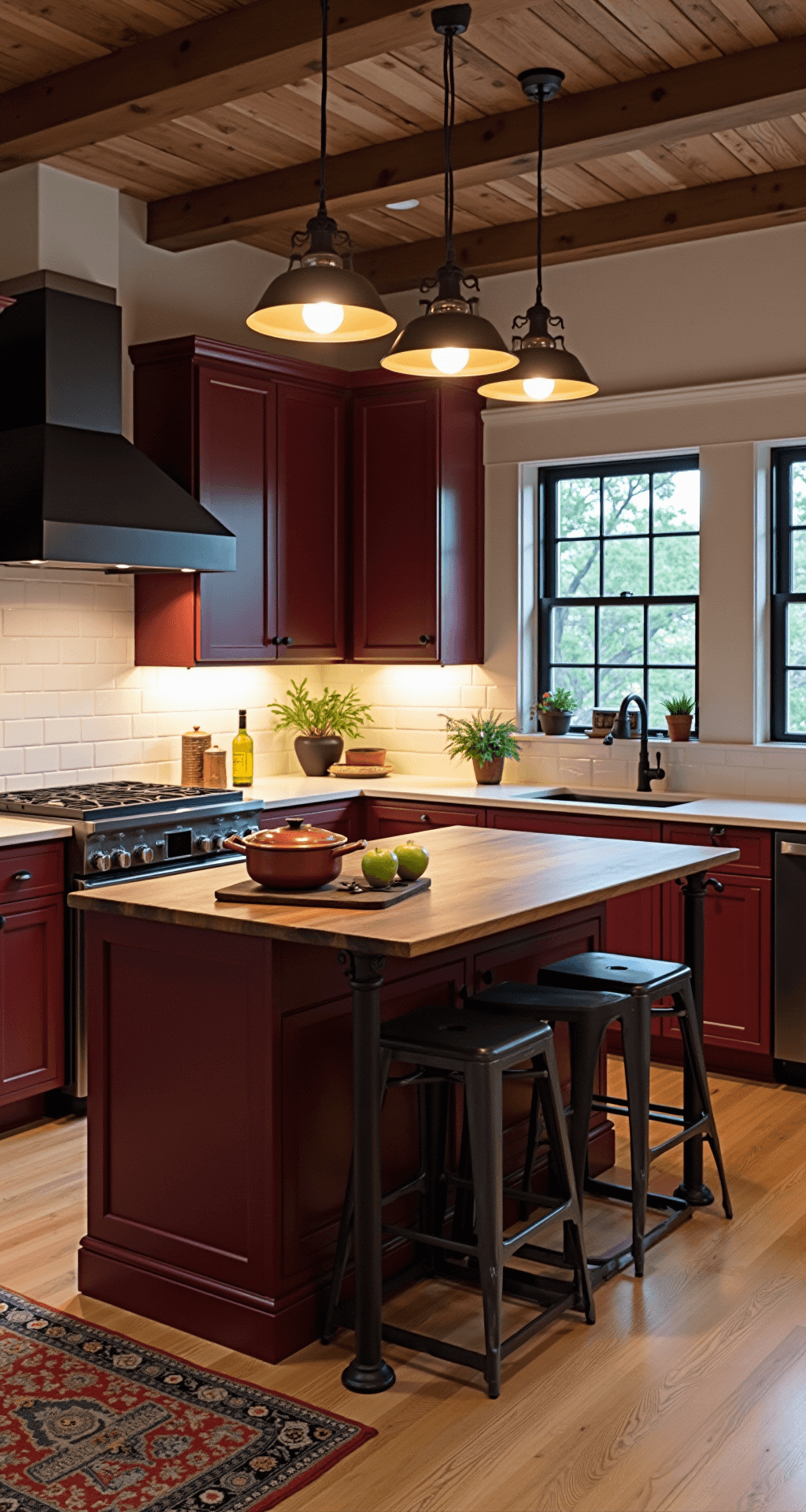 Intimate modern farmhouse kitchen featuring a burgundy-painted island with butcher block top, warm LED under-cabinet lighting, shaker-style cabinets with matte black hardware, and a white subway tile backsplash. The scene includes industrial metal barstools, a vintage rug, and a collection of copper cookware and dark stoneware.