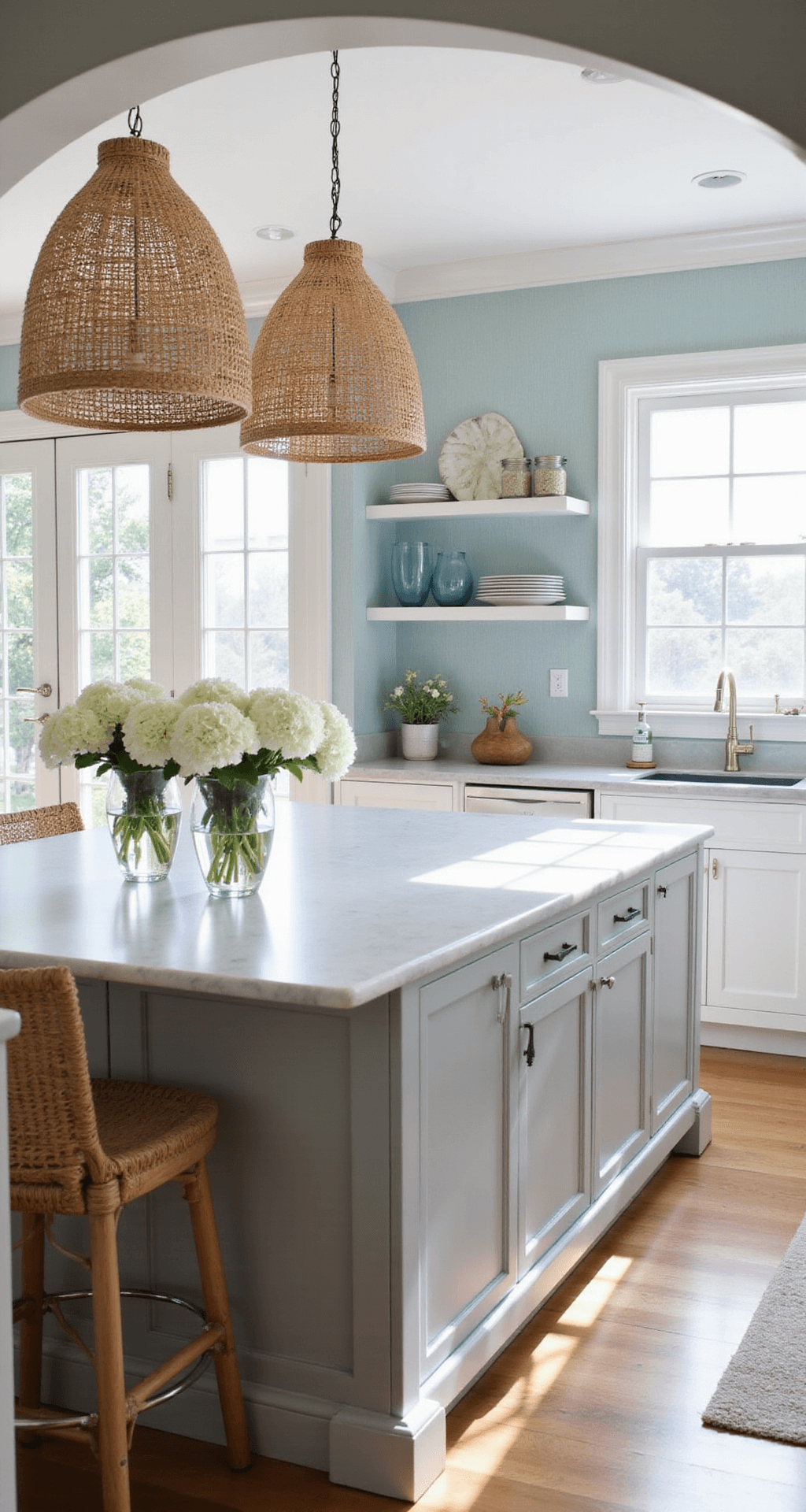 Bright coastal kitchen with a pale gray island and white quartz waterfall edges, featuring oversized rattan pendant lights and light blue grasscloth wallpaper, styled with white hydrangeas and coastal-inspired ceramics.