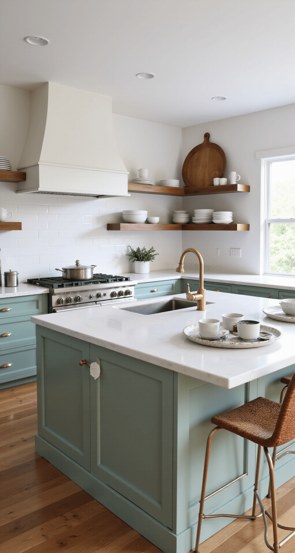 Bright midday view of a modern kitchen featuring a sage green island with an integrated sink, sleek white quartz top, natural and painted wood elements, custom floating shelves with earthenware, woven leather barstools, and minimalist brass fixtures, all illuminated by natural light and recessed lighting.