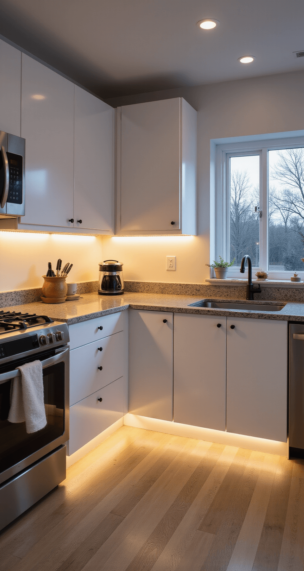 Budget-Friendly Kitchen Lighting Ideas: Brighten Your Space Without Breaking the Bank Modern minimalist kitchen with white cabinets and warm LED strip lighting, quartz countertops, stainless steel appliances, and matte black hardware, captured at dusk in a spacious L-shaped layout.