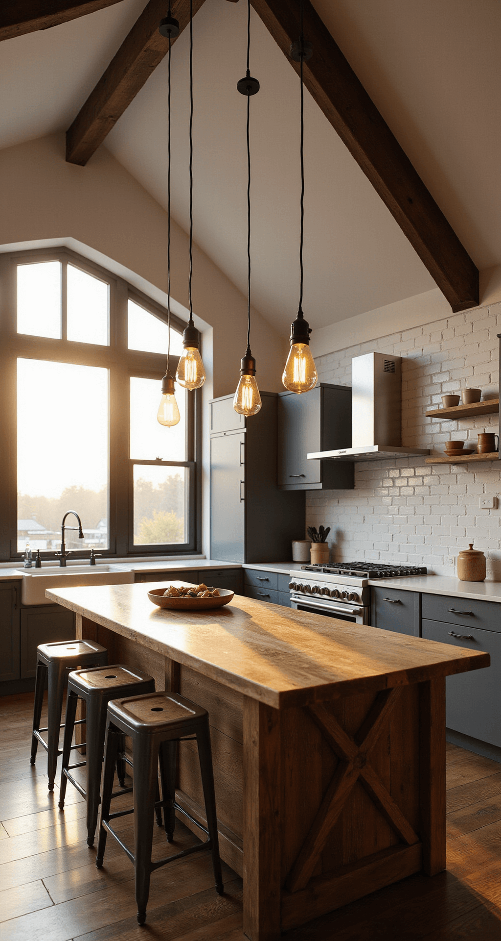 Budget-Friendly Kitchen Lighting Ideas: Brighten Your Space Without Breaking the Bank Industrial kitchen with vaulted ceiling featuring three black metal pendant lights over a rustic wood island, illuminated by golden hour sunlight streaming through west-facing windows, casting soft shadows and highlighting a subway tile backsplash.