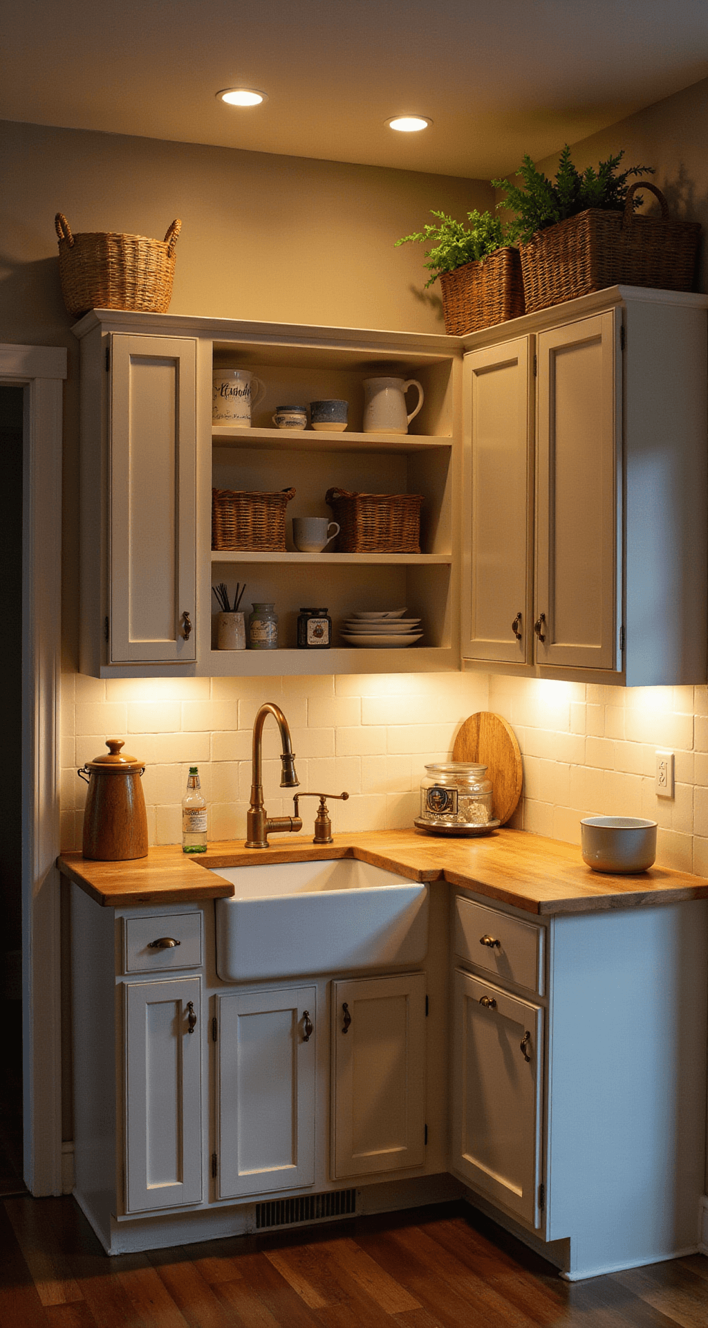 Budget-Friendly Kitchen Lighting Ideas: Brighten Your Space Without Breaking the Bank Cozy farmhouse kitchen at twilight with under-cabinet warm white lights illuminating cream shaker cabinets and butcher block countertops, featuring a vintage-style sink with brass faucet and woven baskets on open shelving, captured from the entrance with a low aperture for depth.