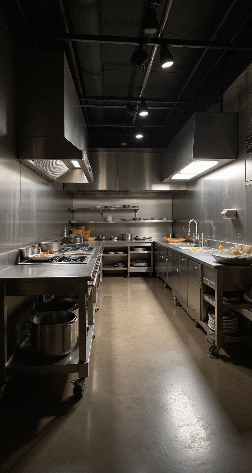 Budget-Friendly Kitchen Lighting Ideas: Brighten Your Space Without Breaking the Bank A professional-style kitchen illuminated by black track lighting, showcasing stainless steel prep surfaces and appliances, with dramatic shadows and multiple light temperatures, captured from a corner angle to highlight the workspace.