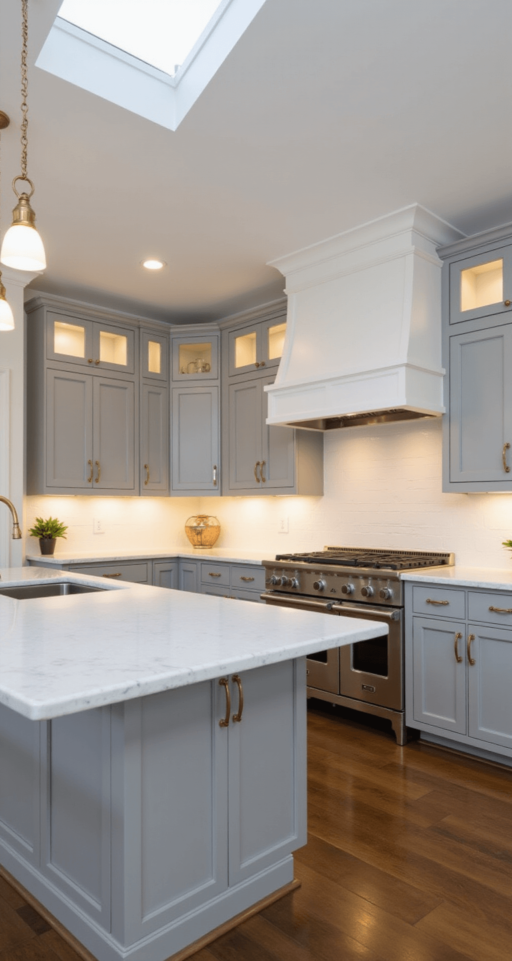 Budget-Friendly Kitchen Lighting Ideas: Brighten Your Space Without Breaking the Bank A well-lit transitional kitchen featuring soft gray cabinets, a white quartz countertop, and brass hardware, showcasing three distinct lighting zones with pendant lights, under-cabinet strips, and recessed cans, enhanced by natural light from a skylight, creating a sophisticated and welcoming atmosphere.