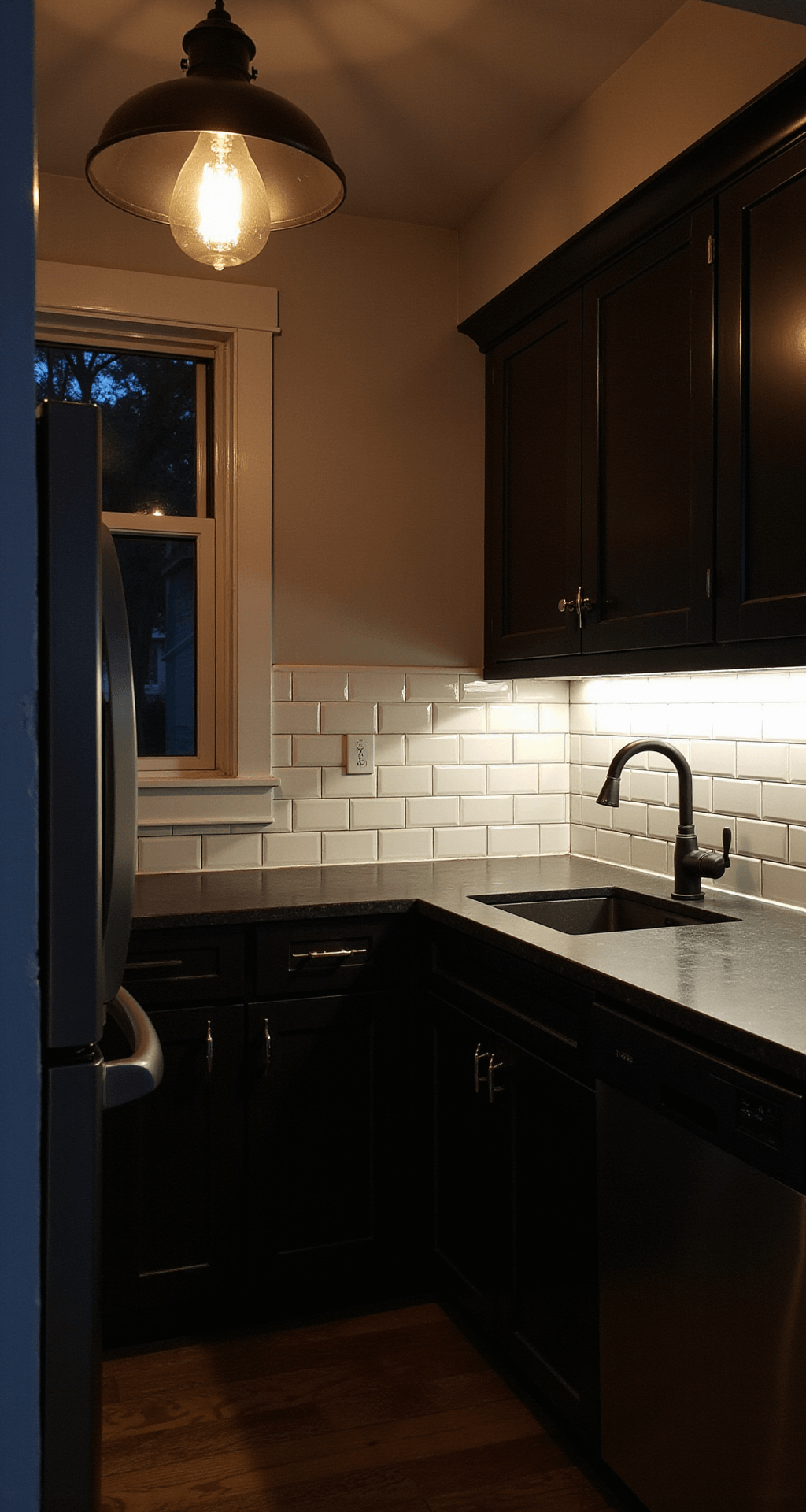 Intimate kitchen scene featuring a dark soapstone countertop illuminated by dimmable task lighting, with an industrial black metal pendant light above the sink and warm ambient lighting from recessed fixtures, creating a moody atmosphere and dramatic interplay of shadows and highlights.