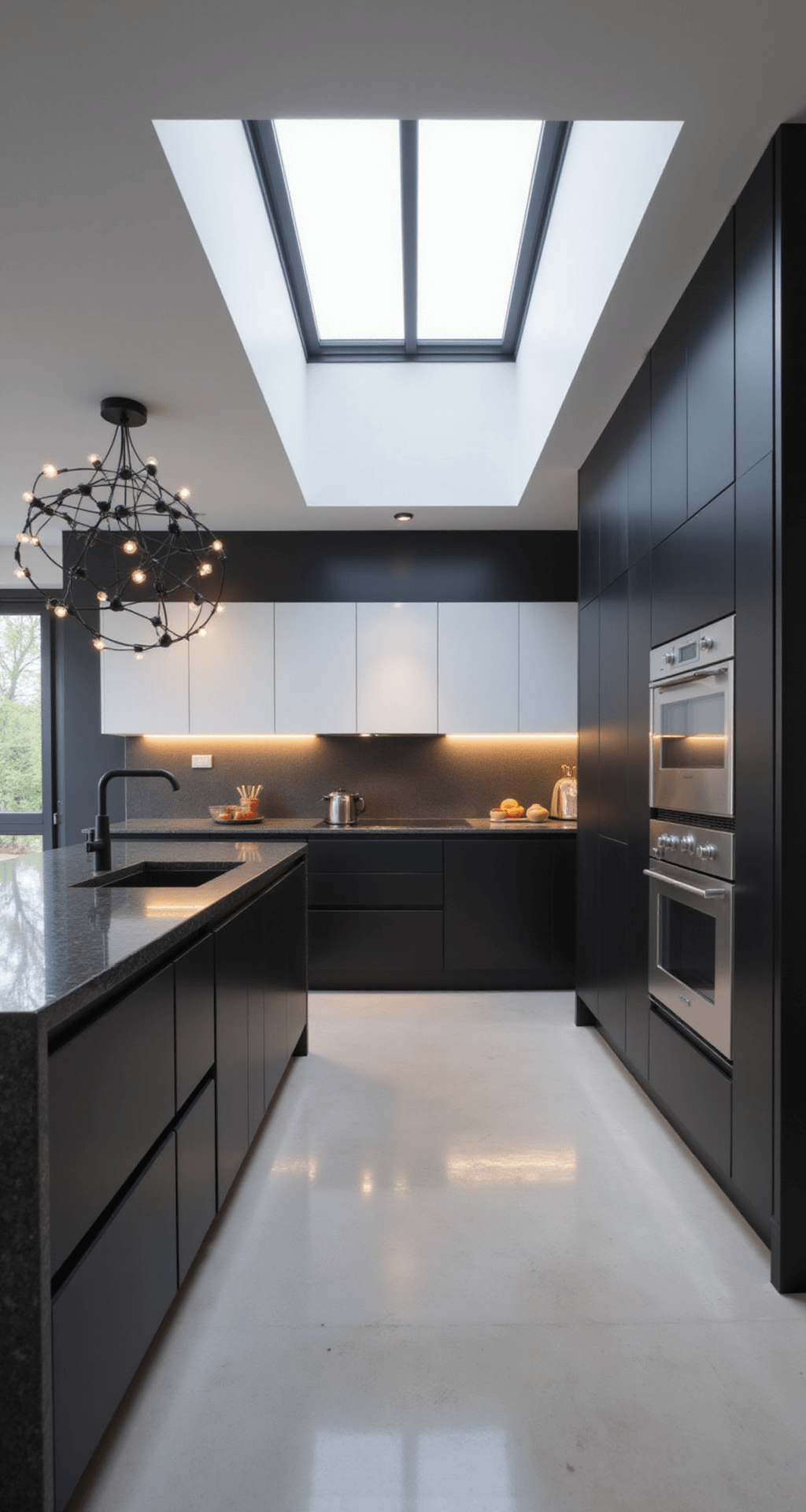 Ultra-modern minimalist kitchen featuring handleless cabinets with integrated LED lighting, black granite countertops, and a matte black geometric pendant cluster, illuminated by motion-activated under-cabinet lights, showcasing a sleek and sophisticated atmosphere.
