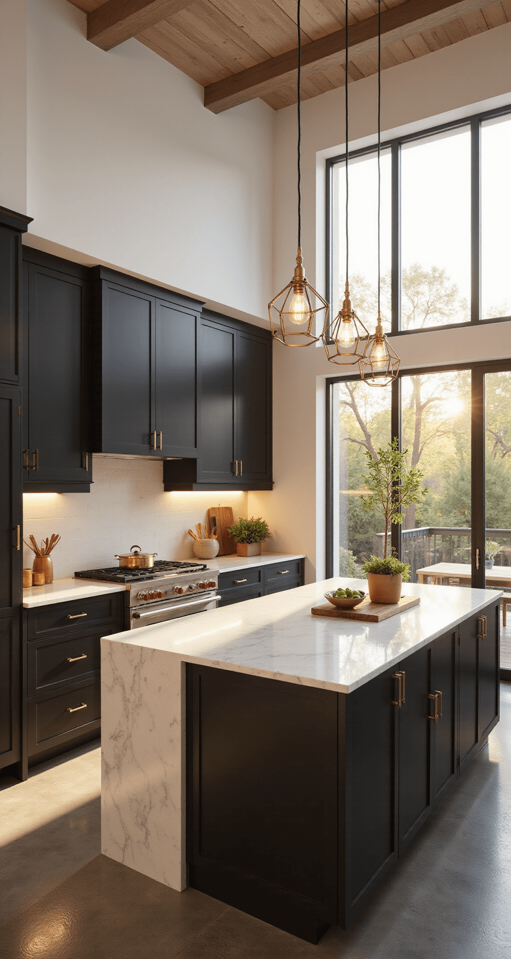 Illuminating Innovations: Cutting-Edge Kitchen Lighting Fixtures in 2025 A modern kitchen featuring a marble waterfall island, geometric brass pendant lights, and smart OLED panels, illuminated by golden hour sunlight through floor-to-ceiling windows, with warm white walls, matte black cabinets, and natural materials like white oak flooring and concrete accents. Artisanal ceramics and fresh herbs in copper planters complete the professional styling.