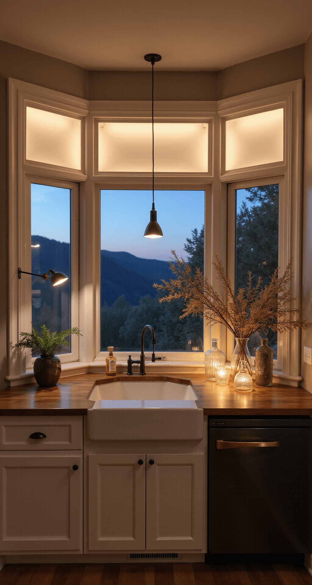 Illuminating Innovations: Cutting-Edge Kitchen Lighting Fixtures in 2025 An intimate kitchen nook at dusk with ultra-thin OLED ceiling panels casting an ethereal glow, featuring minimalist white cabinetry, walnut butcher block counter, satin brass sconces, matte black hardware, and styled with handblown glass vessels and sculptural botanicals.