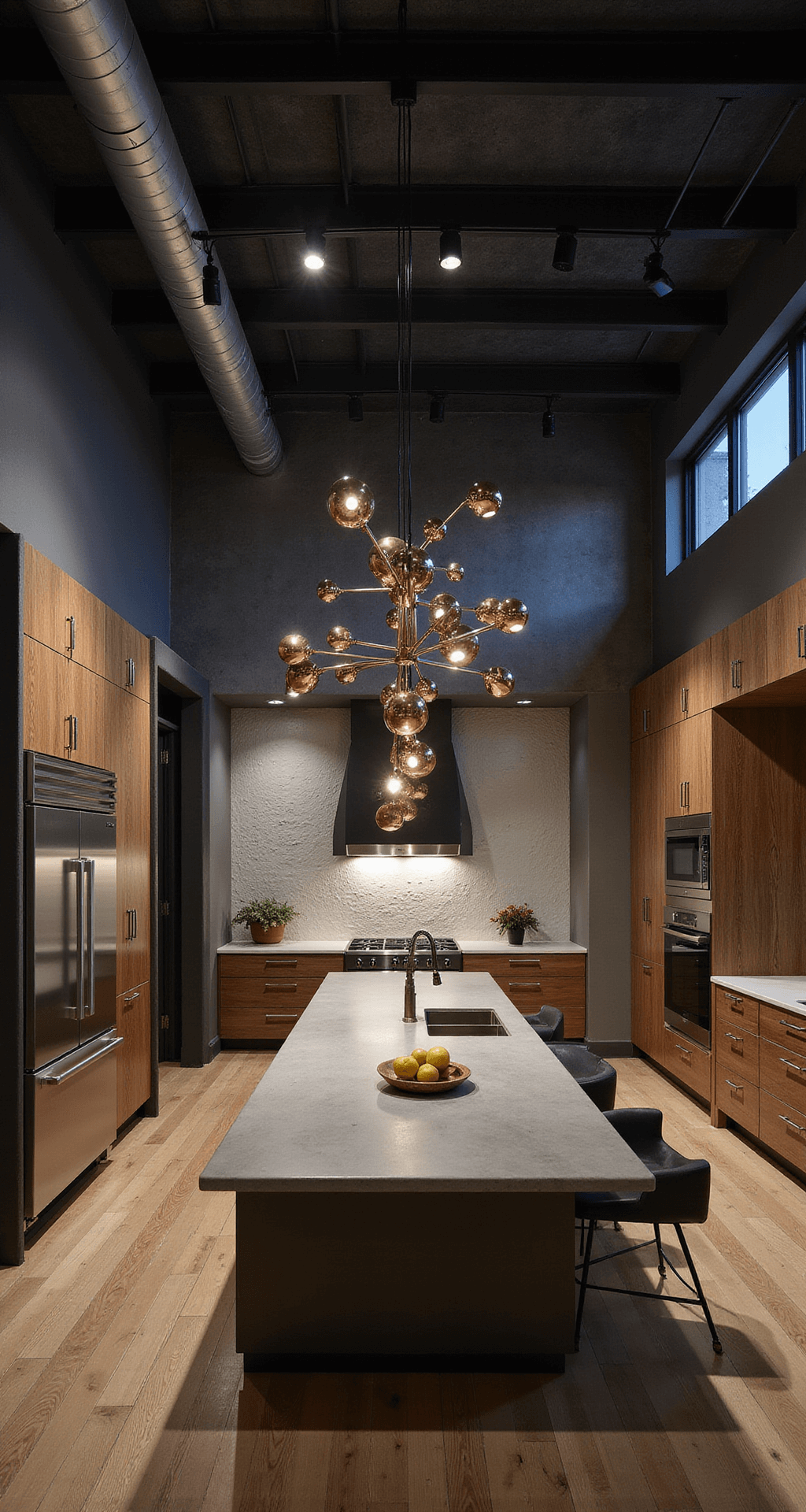 Illuminating Innovations: Cutting-Edge Kitchen Lighting Fixtures in 2025 A dramatic overhead view of a modern industrial kitchen at night, featuring smart track lighting, a sculptural pendant cluster above a concrete island, and integrated OLED panels in a range hood, showcasing blackened steel, weathered wood, and polished concrete.