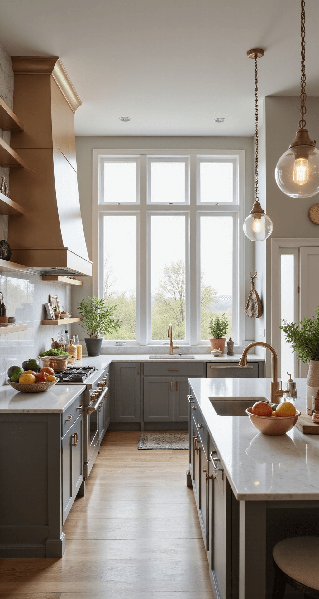 Illuminating Innovations: Cutting-Edge Kitchen Lighting Fixtures in 2025 Transitional kitchen with smart-tinted windows, adjustable glass globe pendants, embedded OLED strips, warm grey and cream color palette, champagne gold accents, marble backsplash, vintage copper cookware, and fresh produce.