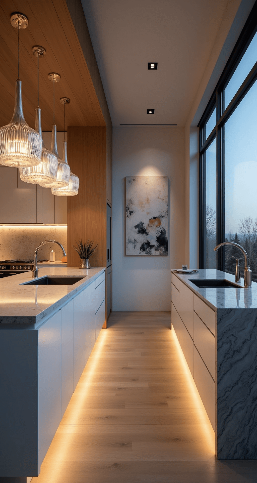 Illuminating Innovations: Cutting-Edge Kitchen Lighting Fixtures in 2025 Luxe contemporary kitchen at twilight featuring an artisan-crafted glass pendant array, under-cabinet OLED lighting, and a mix of fluted glass, brushed gold, and bleached oak materials, accentuated by modern art and geometric accessories.