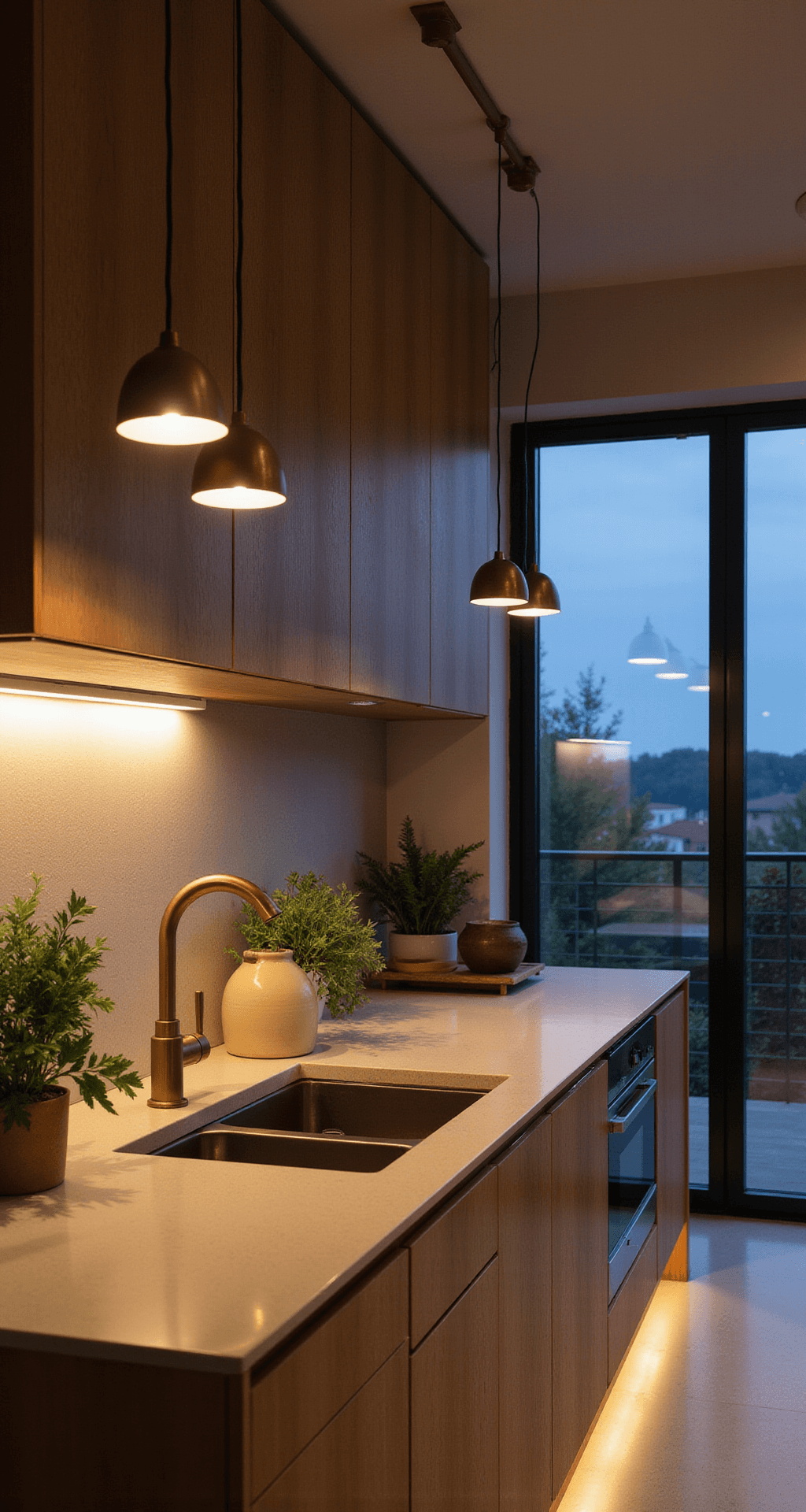 Illuminating Innovations: Cutting-Edge Kitchen Lighting Fixtures in 2025 A low-angle view of a stylish eco-conscious kitchen featuring bamboo cabinets, recycled glass countertops, and low-VOC finishes, illuminated by an energy-efficient LED system during blue hour, with earthy tones, metallic accents, potted herbs, and handmade ceramics.