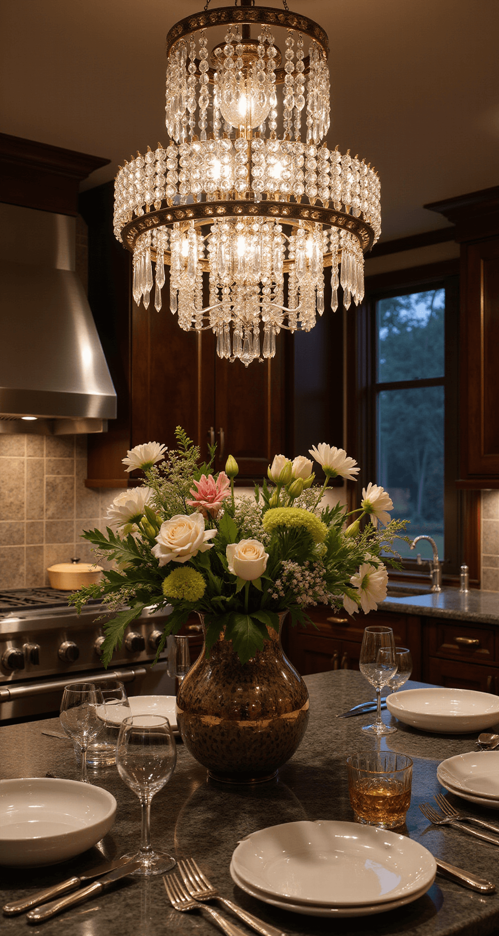 Illuminating Innovations: Cutting-Edge Kitchen Lighting Fixtures in 2025 A luxurious 18x20ft kitchen at night, featuring a smart crystal chandelier, integrated OLED panels, and a mix of exotic wood, leather, and antique mirror finishes, with dramatic lighting highlighting culinary tools as art alongside fresh florals.