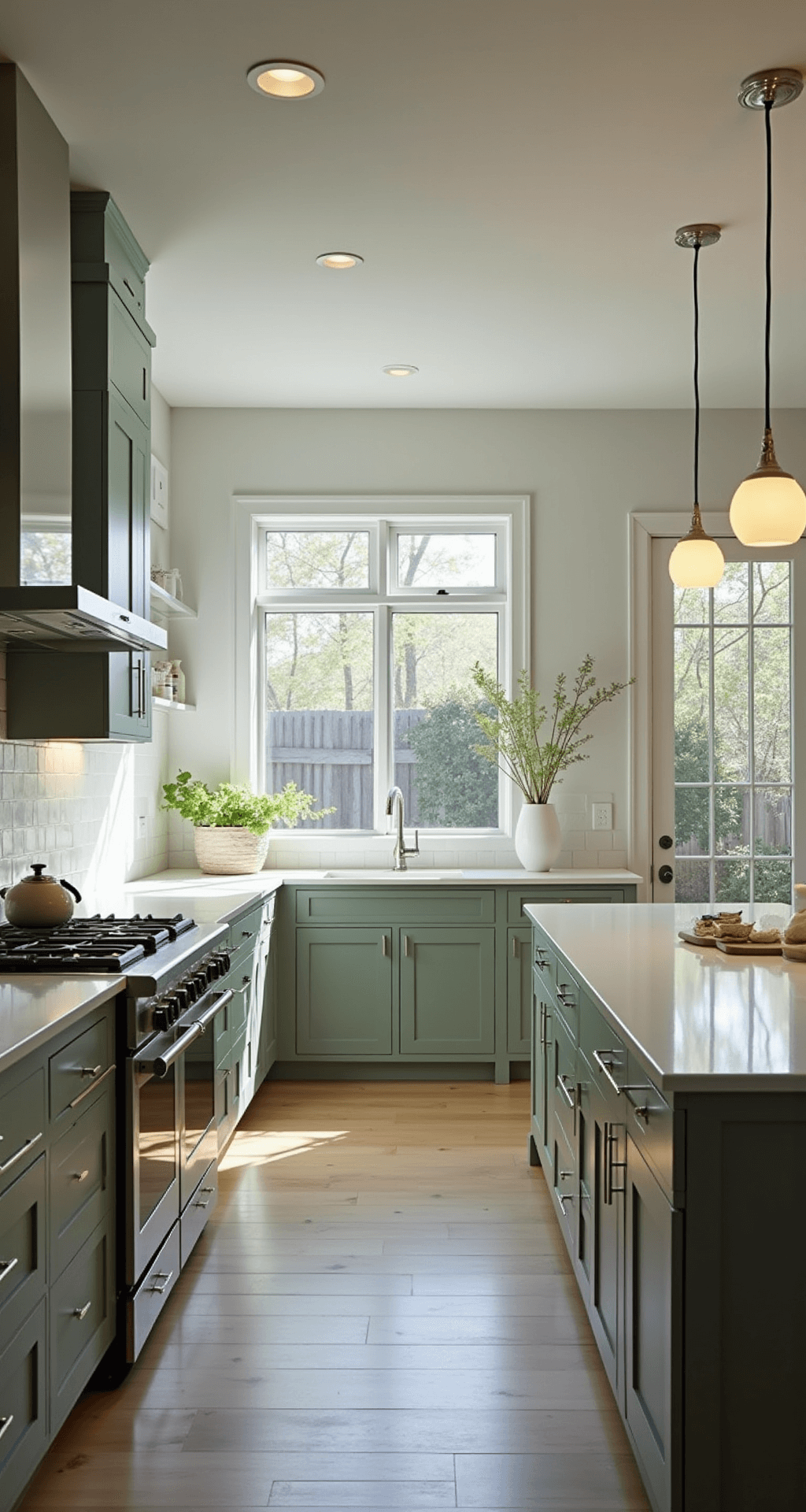 A modern kitchen with sage green shaker cabinets, white quartz countertops, and stainless steel appliances, illuminated by natural morning light and sleek under-cabinet LED strips, featuring a central island with pendant lights.