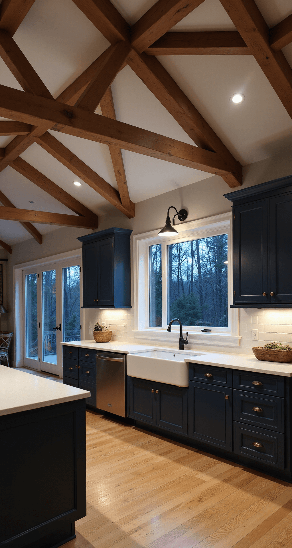 Dramatic evening shot of a transitional kitchen with vaulted ceilings, exposed wooden beams, and a smart lighting system, featuring a farmhouse sink under a window, navy cabinets, and warm white oak floors.