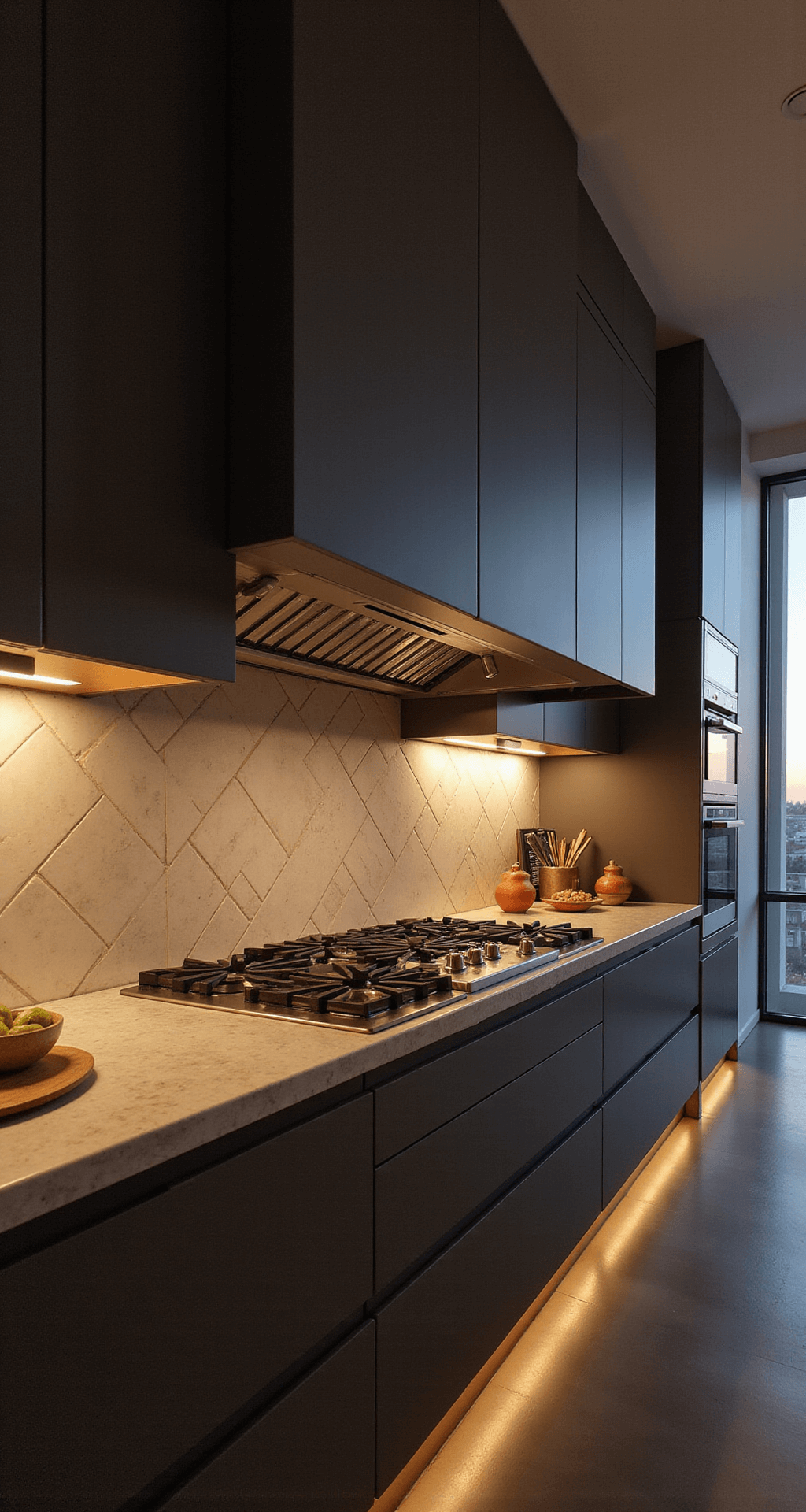 Intimate view of a contemporary kitchen's cooking zone during golden hour, featuring illuminated professional-grade cooktop, geometric tile backsplash, and matte charcoal tall cabinets with copper accents.