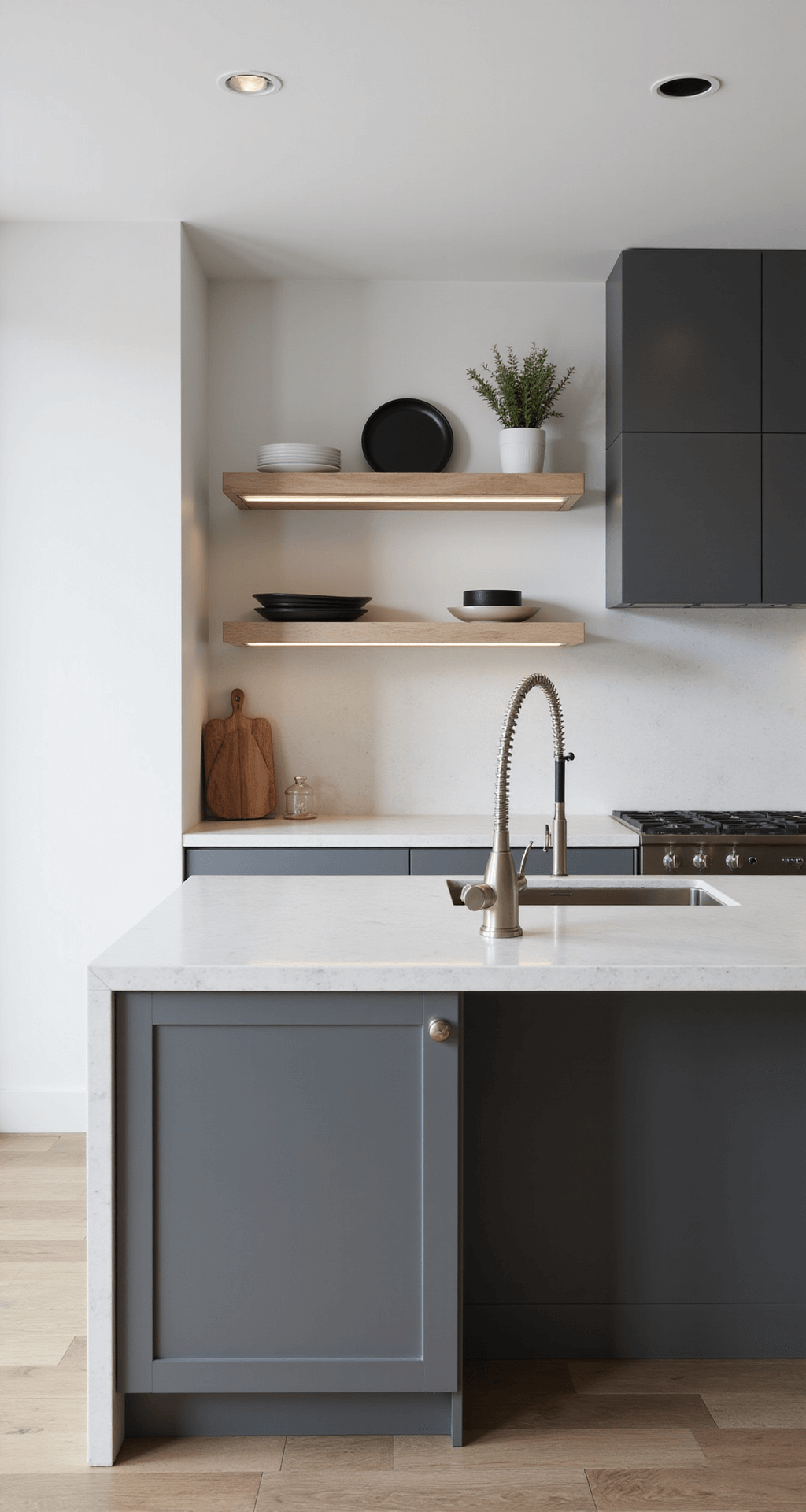Minimalist kitchen with ENERGY STAR certified fixtures in grayscale, featuring a waterfall quartz island, floating shelves with LED strips, and mixed metals in brushed nickel and matte black. Overhead view showcases strategic lighting zones and perfect color rendering at 3500K.