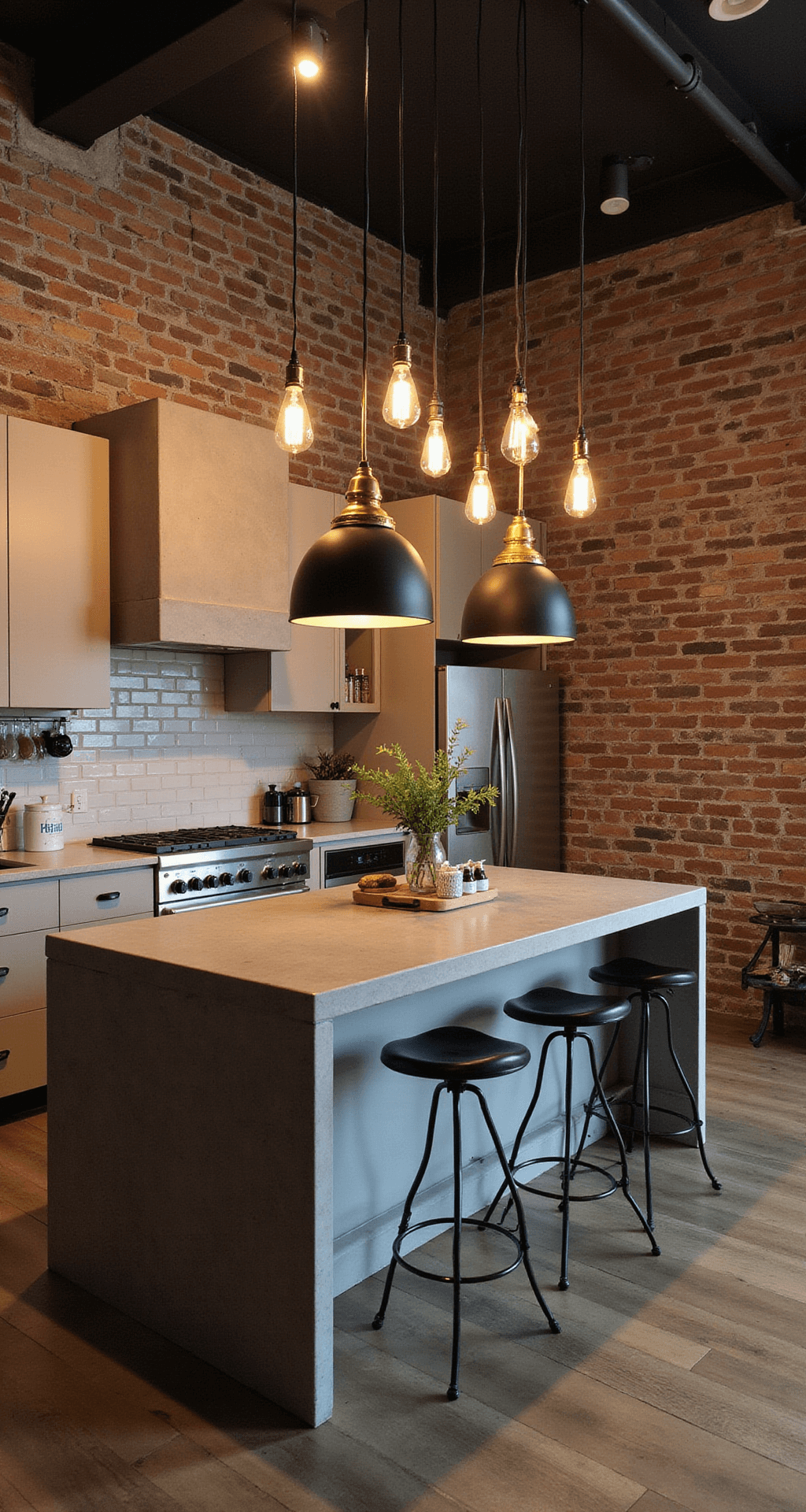 Industrial-chic kitchen featuring an exposed brick wall, a concrete island with pendant clusters, and a smart LED lighting system with vintage Edison-style bulbs, showcasing a blend of modern technology and vintage charm.