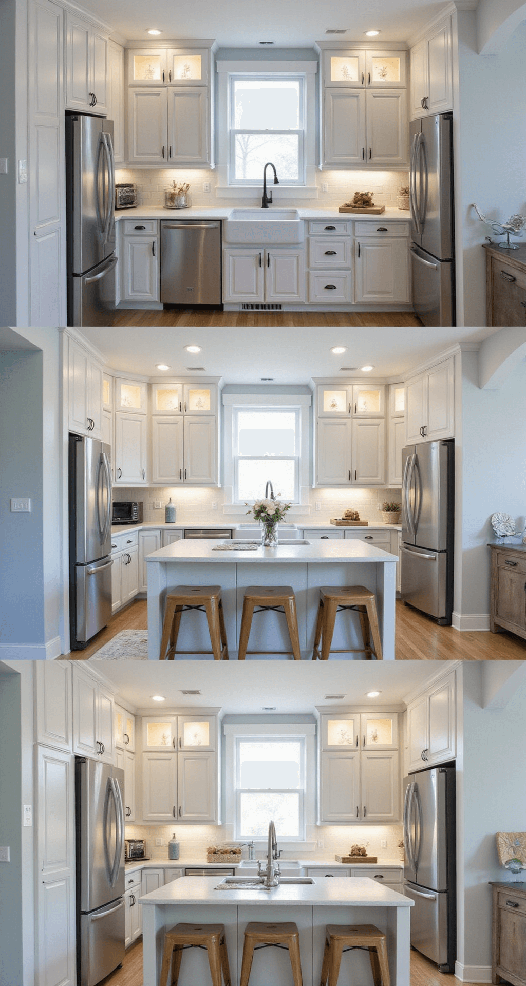 A coastal-inspired kitchen featuring whitewashed cabinets, glass-front upper cabinets with interior lighting, pale blue walls, and sea glass accents, illuminated by 3200K LED fixtures, viewed from the entrance to showcase the layered lighting design.
