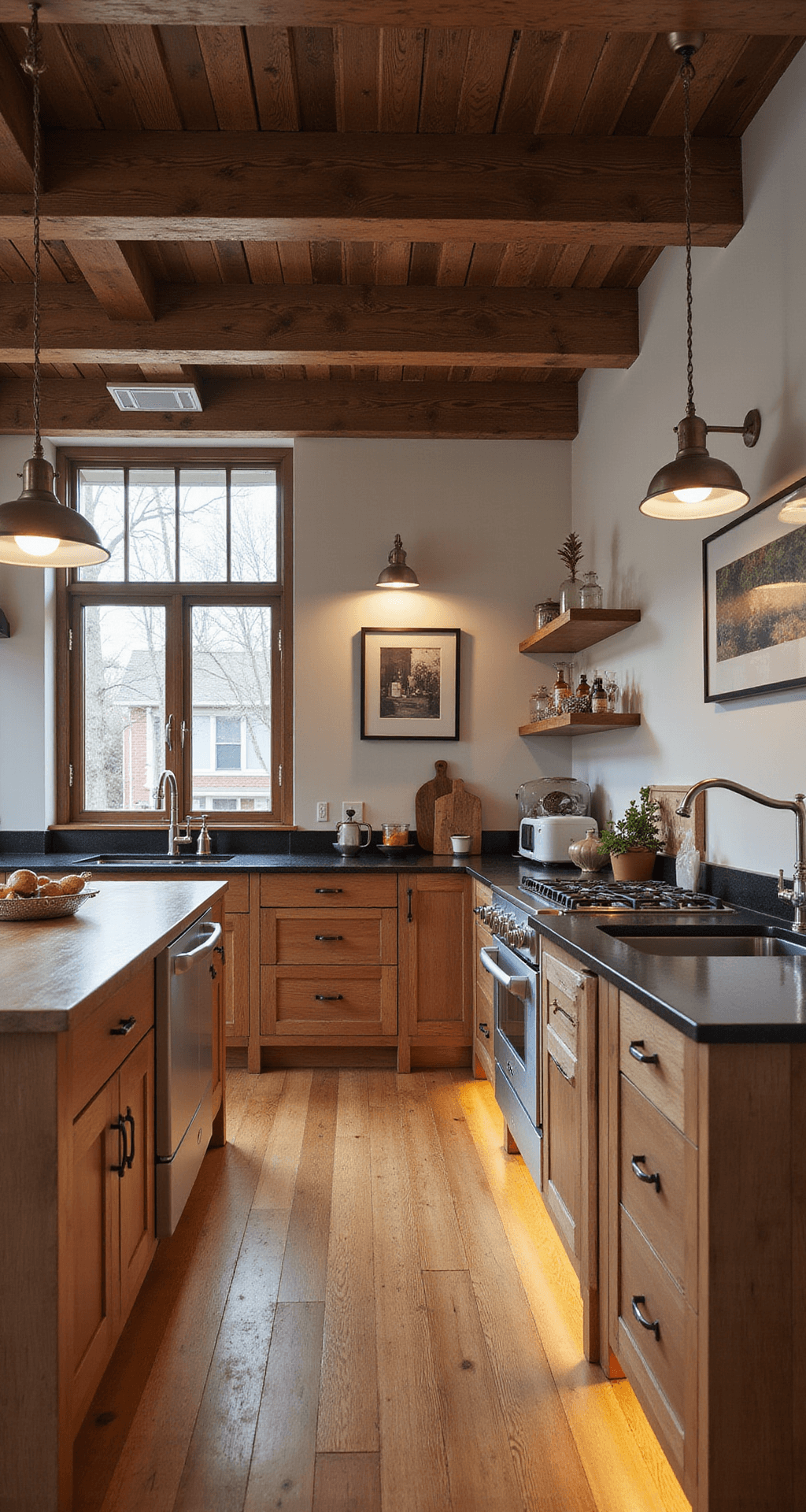 Modern-rustic kitchen showcasing retrofit LED solutions in a historic space, blending original architectural details with contemporary lighting, featuring dimmable fixtures and under-cabinet LEDs, depicted from a quarter-view angle.