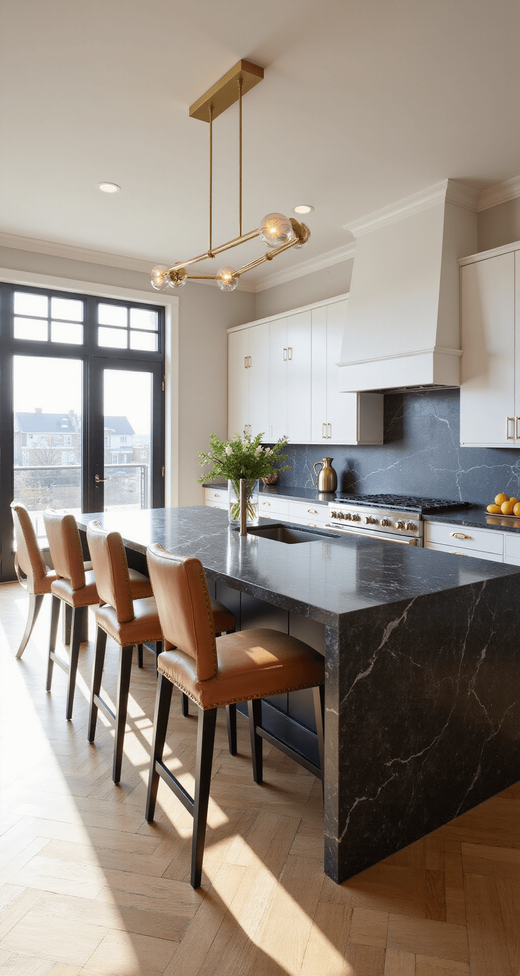 Modern Kitchen Lighting Trends 2025: Illuminating Your Culinary Space with Style and Function A modern kitchen with 12-foot ceilings, featuring a brushed brass chandelier over a marble island, illuminated by morning light streaming through floor-to-ceiling windows, with white oak cabinets and nero marquina countertops, and cognac leather bar stools. Soft shadows create geometric patterns, while stainless appliances reflect the golden hour glow.