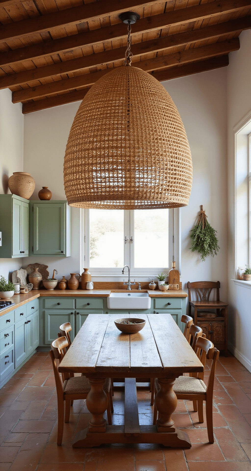 Modern Kitchen Lighting Trends 2025: Illuminating Your Culinary Space with Style and Function A bohemian kitchen featuring a large rattan pendant light over a rustic oak dining table, with afternoon sunlight creating dappled shadows. The space includes terracotta tiles, exposed wooden beams, and sage green cabinets, adorned with earthenware pottery and hanging dried herbs, evoking an organic and warm atmosphere.