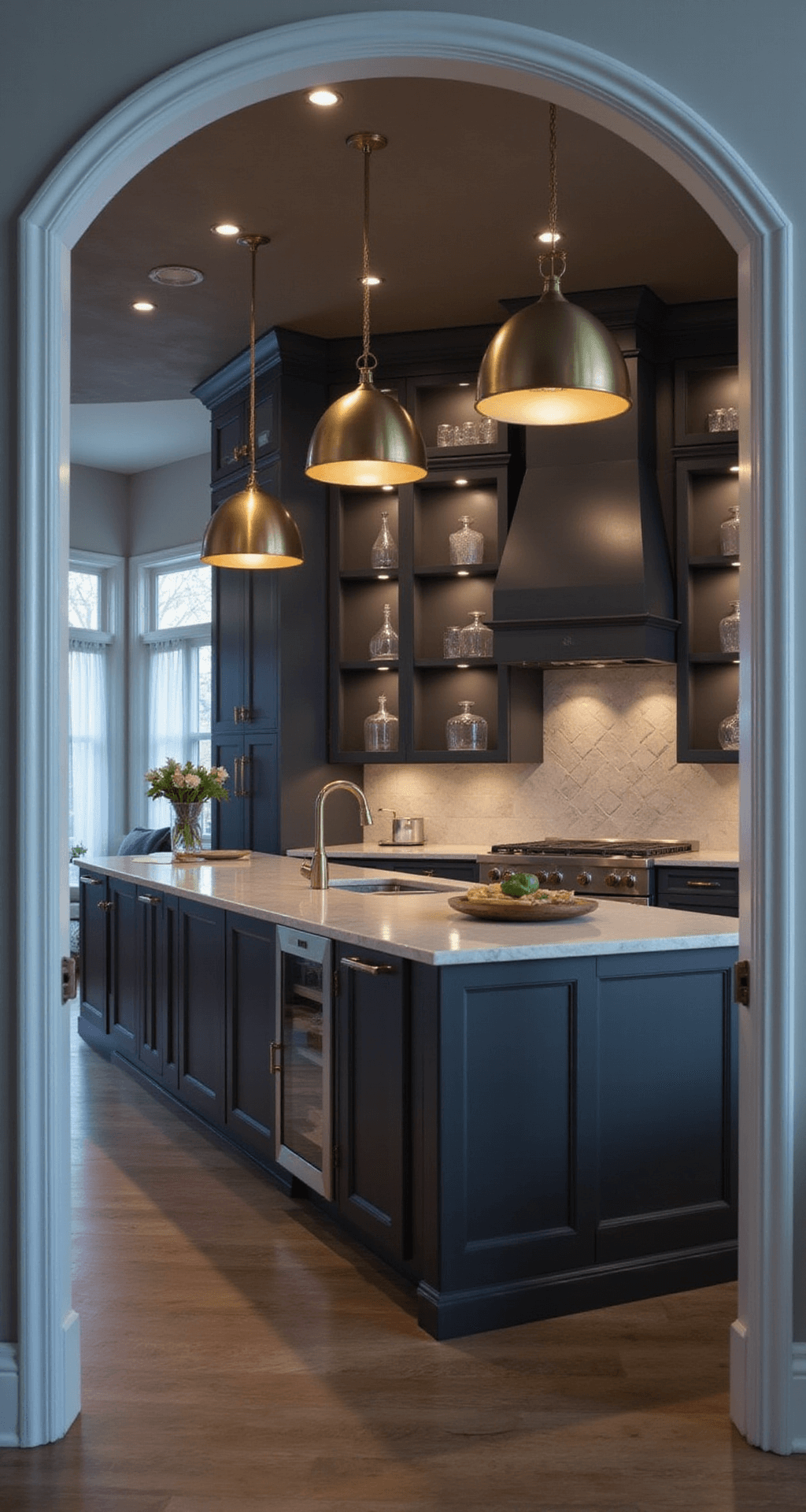 Modern Kitchen Lighting Trends 2025: Illuminating Your Culinary Space with Style and Function A contemporary kitchen view from an entrance archway, featuring mixed-metal dome pendants above a waterfall quartz island, charcoal cabinetry with brass hardware, and backlit floating shelves holding crystal decanters, illuminated in blue hour light with dramatic accent lighting.