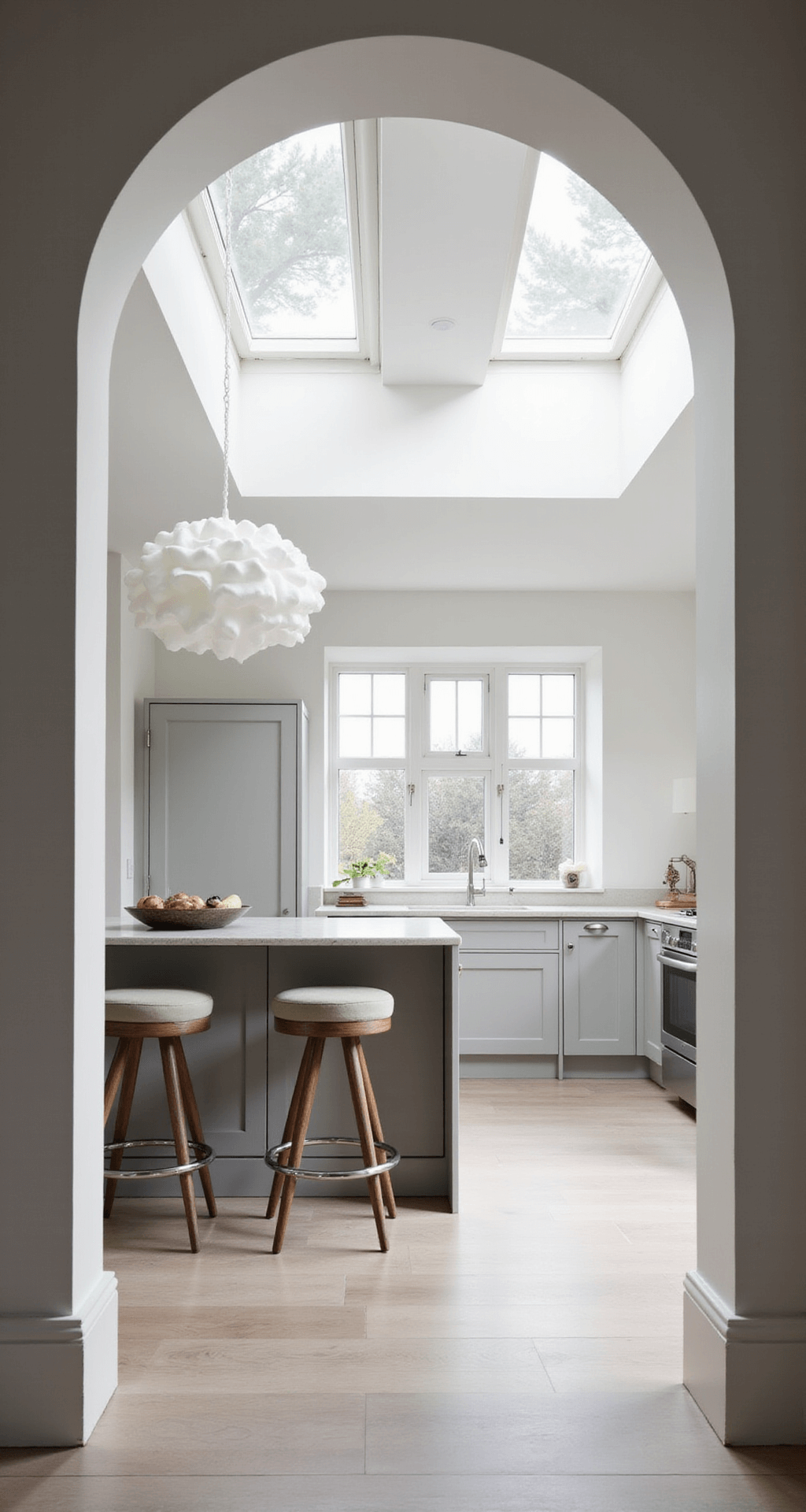 Modern Kitchen Lighting Trends 2025: Illuminating Your Culinary Space with Style and Function An open-concept kitchen viewed from the dining area, featuring a sculptural white glass cloud-like fixture hanging centrally. The design includes arched doorways, rounded island corners, and circular bar stools. The kitchen has pearl grey cabinets and white oak floors, bathed in diffused morning light streaming through skylights, conveying a mood of artistic serenity.