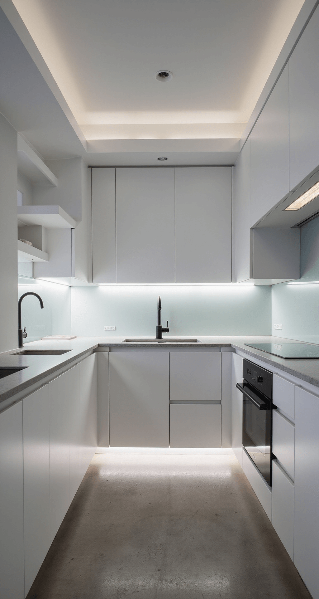 Modern Kitchen Lighting Trends 2025: Illuminating Your Culinary Space with Style and Function A minimalist kitchen viewed from above, featuring white lacquered cabinets with recessed LED strips for a floating effect, a glass backsplash reflecting light, hidden task lighting under floating shelves, concrete floors, and matte black fixtures, illuminated by clean artificial lighting during midday, embodying a pristine modernity.