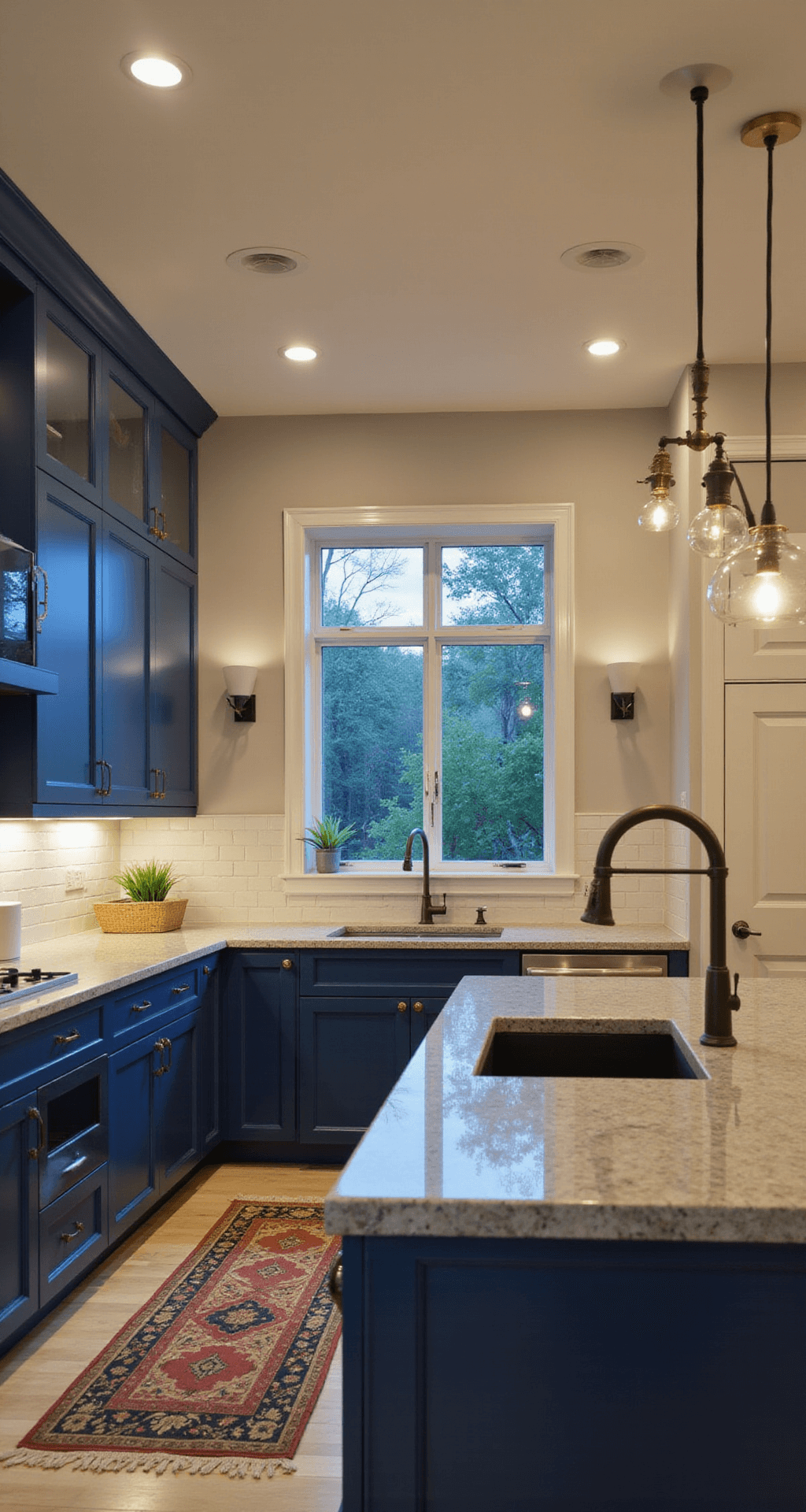 Modern Kitchen Lighting Trends 2025: Illuminating Your Culinary Space with Style and Function A dramatic kitchen scene viewed through a butler's pantry, featuring deep blue cabinets and unlacquered brass hardware. The quartzite counters are illuminated by under-cabinet LEDs, while a trio of pendant lights over the island provides task lighting. Sconces frame the window, creating a mixed artificial light atmosphere at dusk.