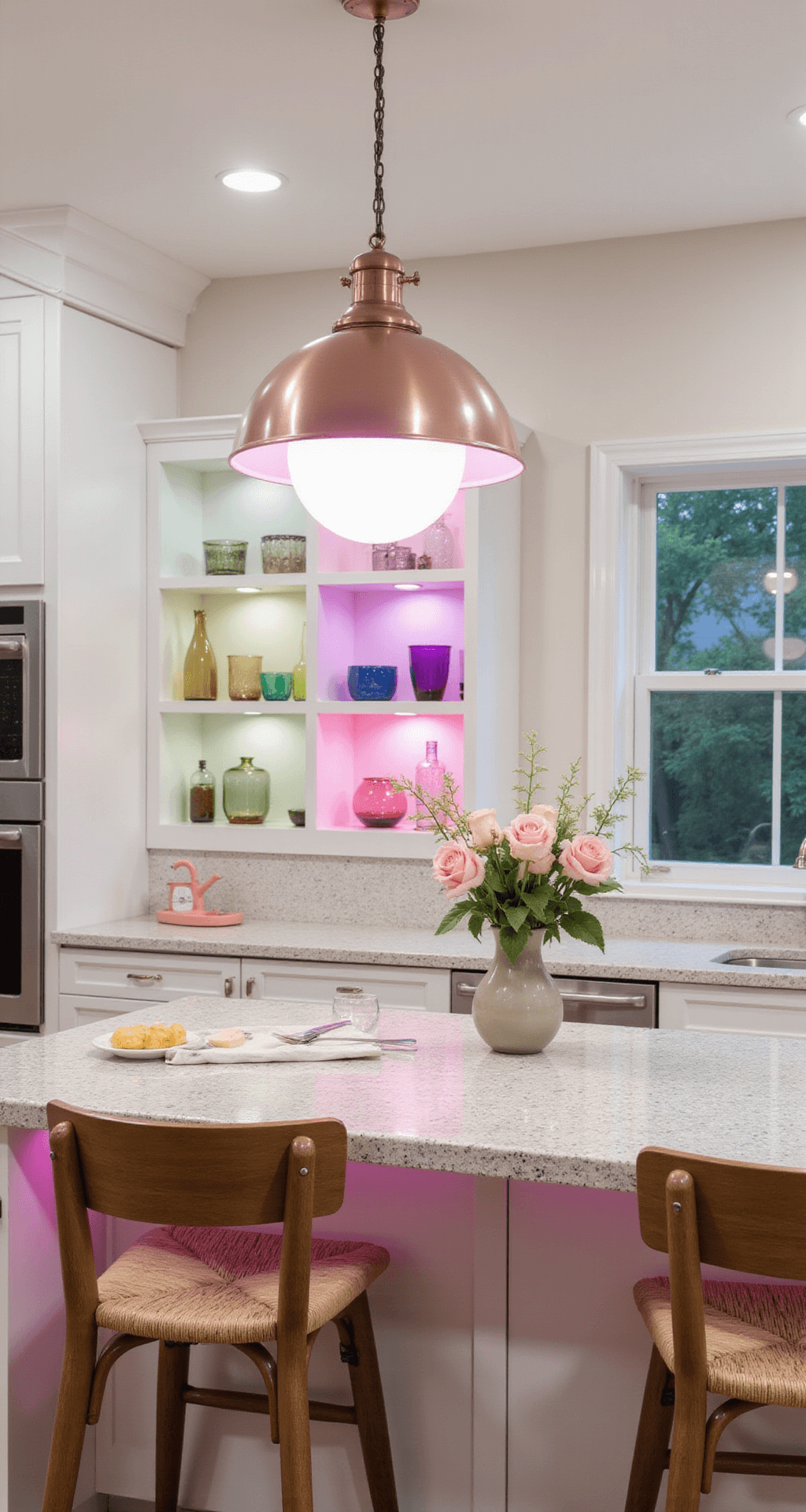 Modern Kitchen Lighting Trends 2025: Illuminating Your Culinary Space with Style and Function A colorful kitchen featuring white cabinets and terrazzo countertops, illuminated by a pink glow from a rose gold pendant light. Backlit niches showcase a collection of colored glass, all set in a playful and sophisticated nighttime ambiance.