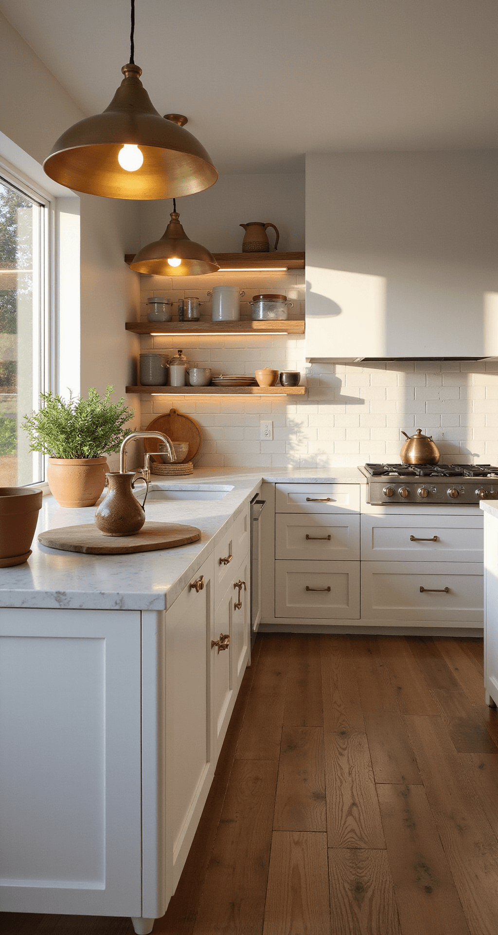 A modern farmhouse kitchen bathed in golden hour light, featuring a marble island with oversized brass pendants, cream cabinets with warm LED strips, and wide-plank oak floors. Floor-to-ceiling windows allow natural light to highlight artisanal pottery on open shelving, fresh herbs in terracotta pots, and a worn copper kettle.