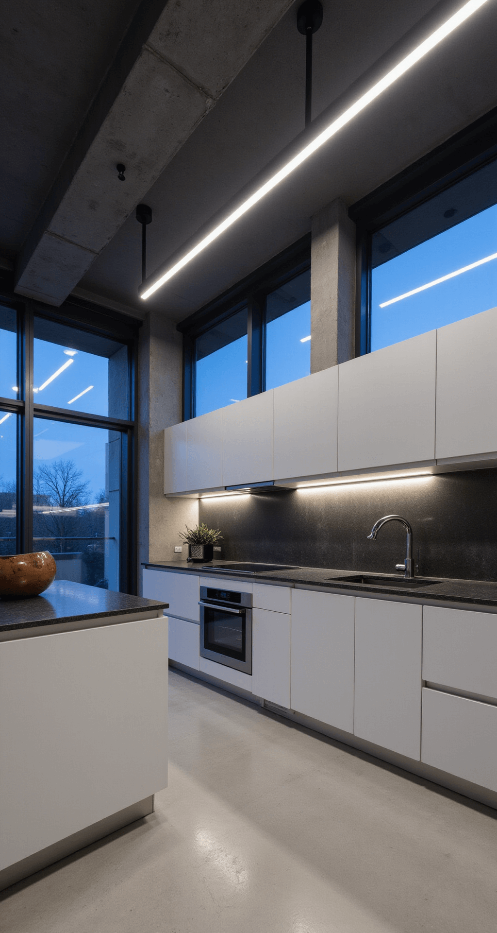 A minimalist contemporary kitchen at dusk featuring glossy white cabinets, dark charcoal quartz countertops, and a textured concrete backsplash, illuminated by dramatic LED channels and spotlights, with a color scheme of whites, grays, and black, showcasing geometric pottery and sleek appliances against a backdrop of black-framed windows.