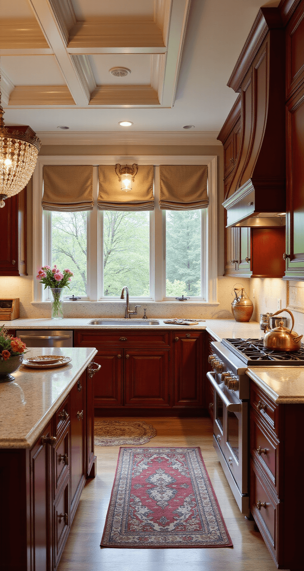 A cozy traditional kitchen at breakfast time, featuring rich cherry cabinets, cream granite counters, and layered lighting from a central crystal chandelier and antique brass sconces. Morning light filters through Roman shades, illuminating fresh flowers and heritage copper cookware while a steaming copper tea kettle sits on the professional range.