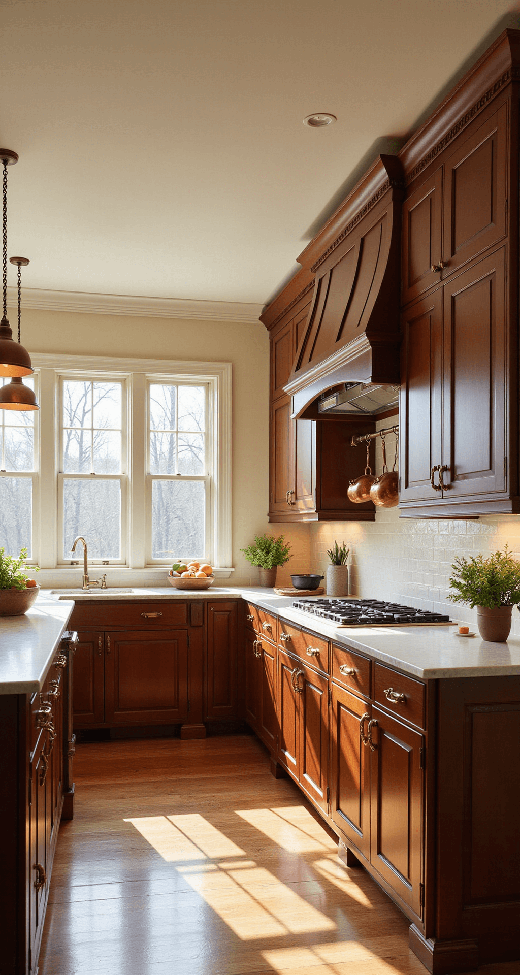 Traditional Kitchen Design: Crafting Timeless Elegance in Your Culinary Space A spacious traditional kitchen with rich cherry wood cabinets, cream walls, and a Carrara marble island, illuminated by morning light through mullioned windows and vintage pendant lights, featuring a ceiling rack of copper pots and a cream subway tile backsplash.