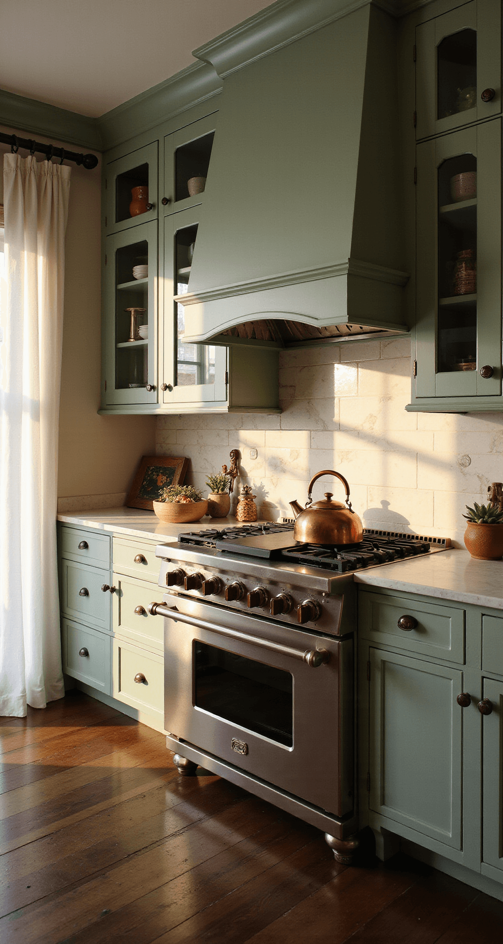 Traditional Kitchen Design: Crafting Timeless Elegance in Your Culinary Space A cozy and elegant traditional kitchen featuring sage green cabinets, white marble countertops, and herringbone wood floors, illuminated by golden hour light filtering through sheer curtains. An antique copper kettle rests on a professional range with a custom hood, while dramatic shadows enhance the warm atmosphere.