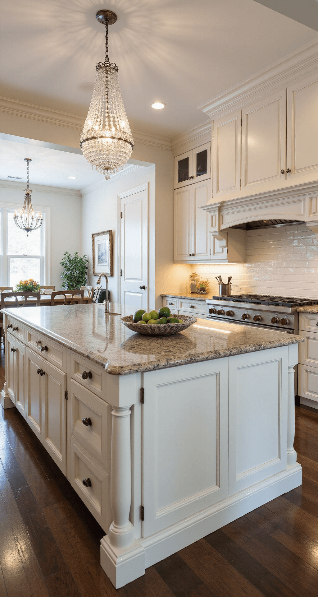 Traditional Kitchen Design: Crafting Timeless Elegance in Your Culinary Space A spacious traditional kitchen with cream cabinetry, a large center island with leather-finish granite, soaring ceilings with crown molding, and abundant natural light, featuring a crystal chandelier and polished nickel fixtures.