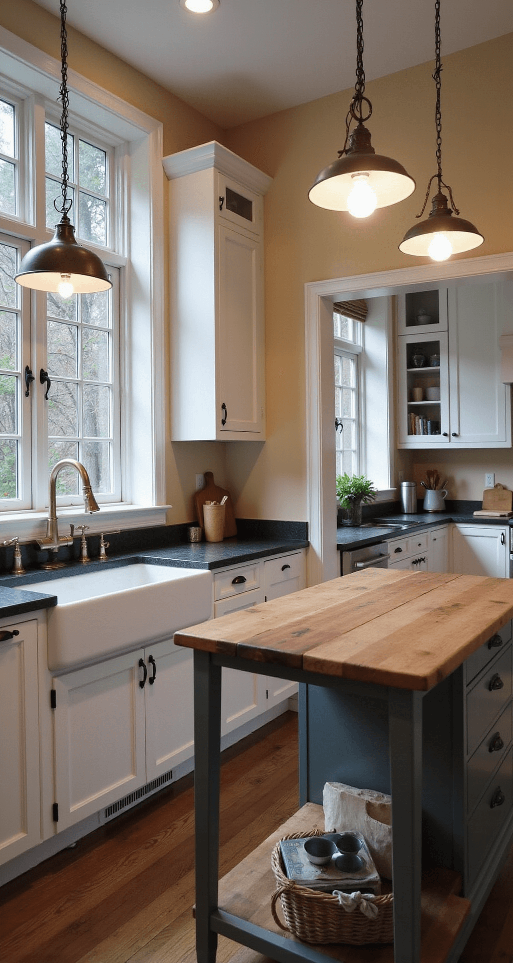 Traditional Kitchen Design: Crafting Timeless Elegance in Your Culinary Space A cozy 14x16ft traditional kitchen at dusk featuring custom white cabinets with beaded detail, soapstone countertops, and a farmhouse sink under a multi-pane window, illuminated by vintage schoolhouse pendant lights above an island with a butcher block top. The scene conveys warmth with brass bin pulls and mixed lighting that creates an intimate atmosphere.
