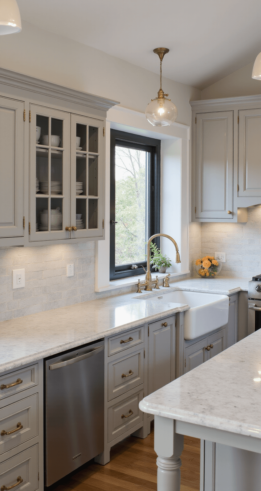 Traditional Kitchen Design: Crafting Timeless Elegance in Your Culinary Space Sophisticated traditional kitchen with dove gray cabinets, Calacatta gold marble counters and backsplash, antique brass fixtures, and built-in china cabinet, all illuminated by gentle natural light and task lighting.