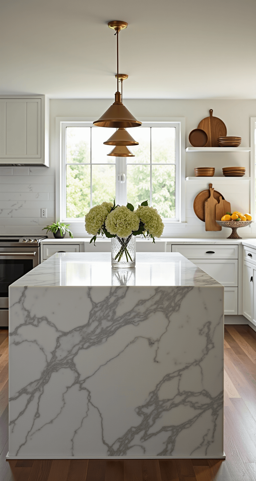 Modern kitchen illuminated by morning sunlight, featuring a large 8' marble island with grey veining, brass pendant lights, white shaker cabinets, and copper cookware hanging on the wall, styled with hydrangeas, artisanal cutting boards, and citrus fruits.