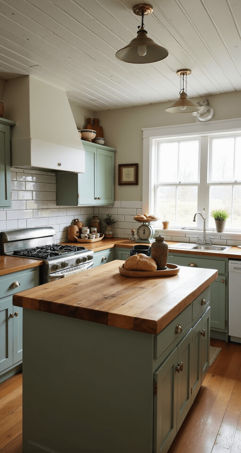 Cozy cottage kitchen bathed in morning light, featuring a butcher block island, sage green cabinets, and a white subway tile backsplash, with fresh-baked bread and vintage kitchenware accenting the space.