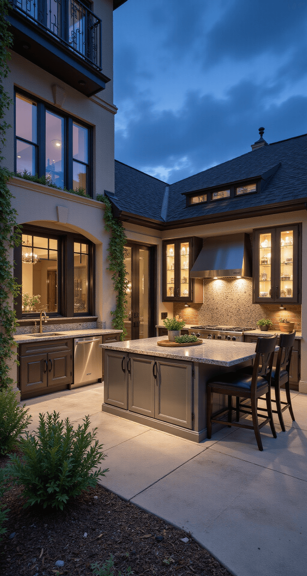 Professional-grade kitchen featuring polished granite perimeter counters and a central marble island, highlighted by a statement range hood. Glass-front upper cabinets are illuminated from within, and trailing ivy plants add an organic touch. The image is captured from a lower angle during blue hour, showcasing dramatic evening light mixed with warm interior illumination.