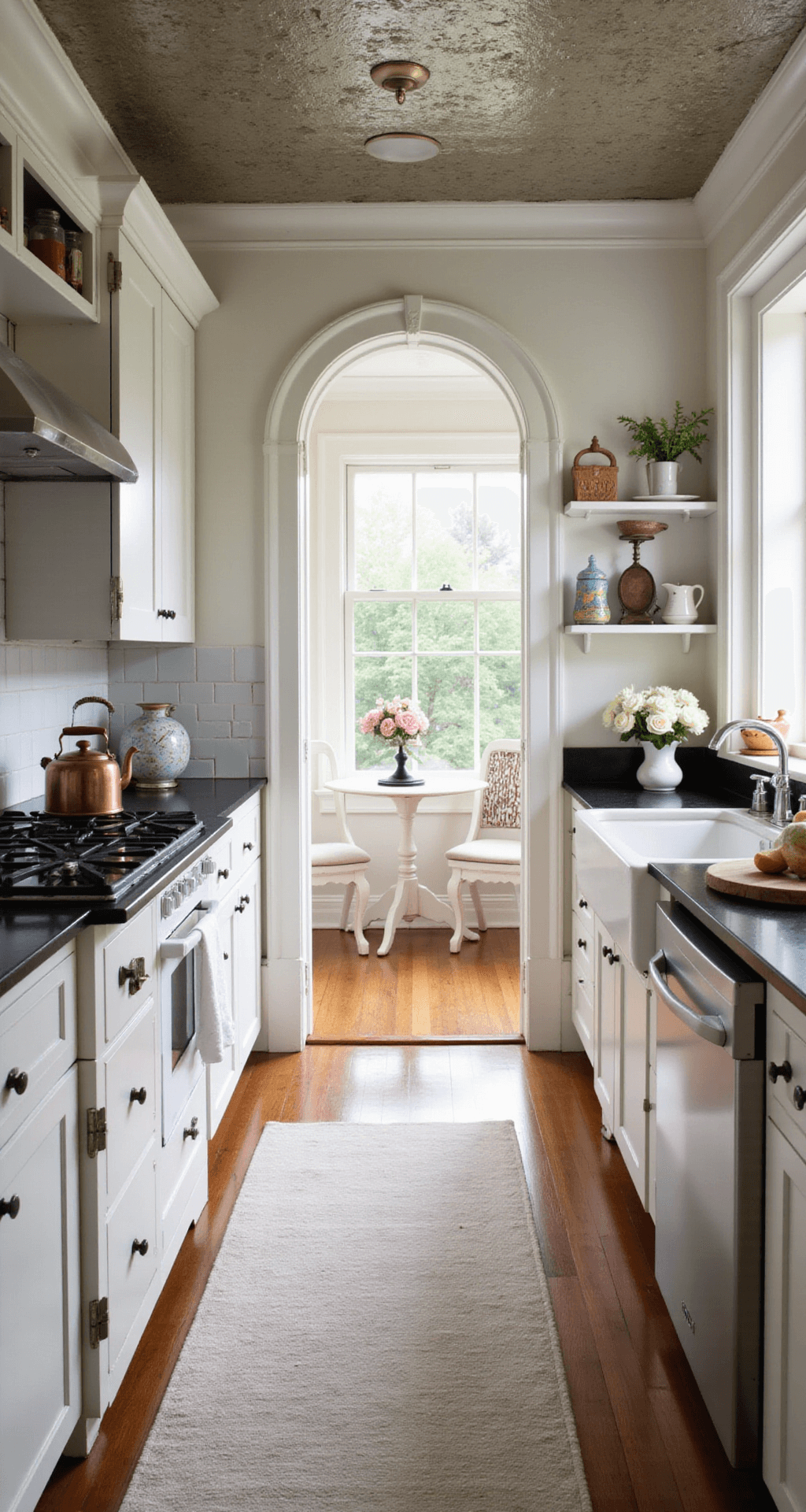 A vintage-inspired kitchen featuring classic black soapstone counters and white cabinets with glass knobs, illuminated by soft afternoon light. The room includes traditional moldings, a pressed tin ceiling, a collection of copper kettles, and an antique scale display. Fresh flowers in a milk glass vase sit on the counter, with an archway entry emphasizing the kitchen's symmetry.