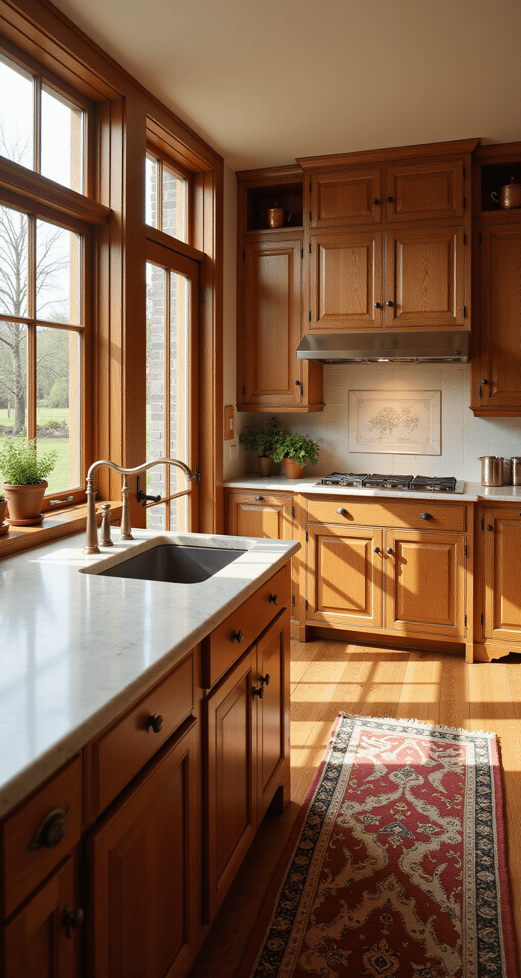 Wood Tones for Traditional Kitchen Cabinets: A Comprehensive Guide to Timeless Elegance A spacious traditional kitchen with red oak cabinets and marble countertop, illuminated by warm morning light through tall windows, featuring copper cookware, fresh herbs, and a vintage runner.