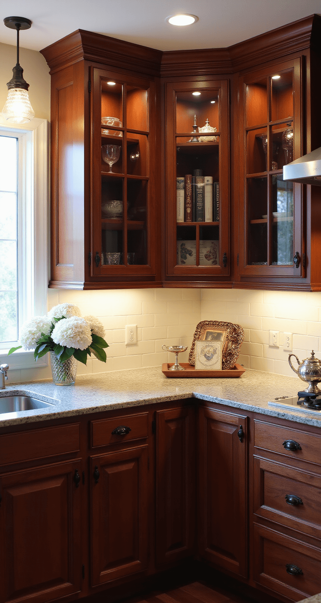 Wood Tones for Traditional Kitchen Cabinets: A Comprehensive Guide to Timeless Elegance Intimate kitchen corner vignette featuring cherry wood cabinets, a crystal chandelier, and polished granite countertops, styled with a silver tea service and white hydrangeas, illuminated by warm afternoon light.