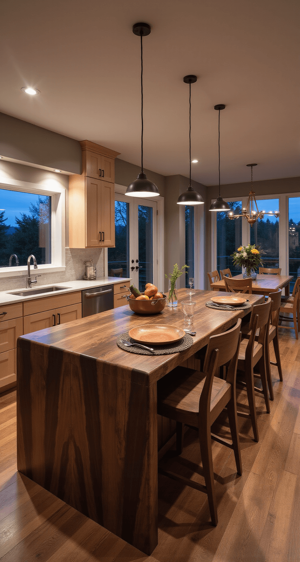 Wood Tones for Traditional Kitchen Cabinets: A Comprehensive Guide to Timeless Elegance A spacious open-concept kitchen at dusk, featuring a central walnut island with bookmatched grain and waterfall edges, lighter maple perimeter cabinets, dramatic pendant lighting, and a curated collection of modern pottery and copper cookware, shot from an elevated perspective to emphasize spatial flow.