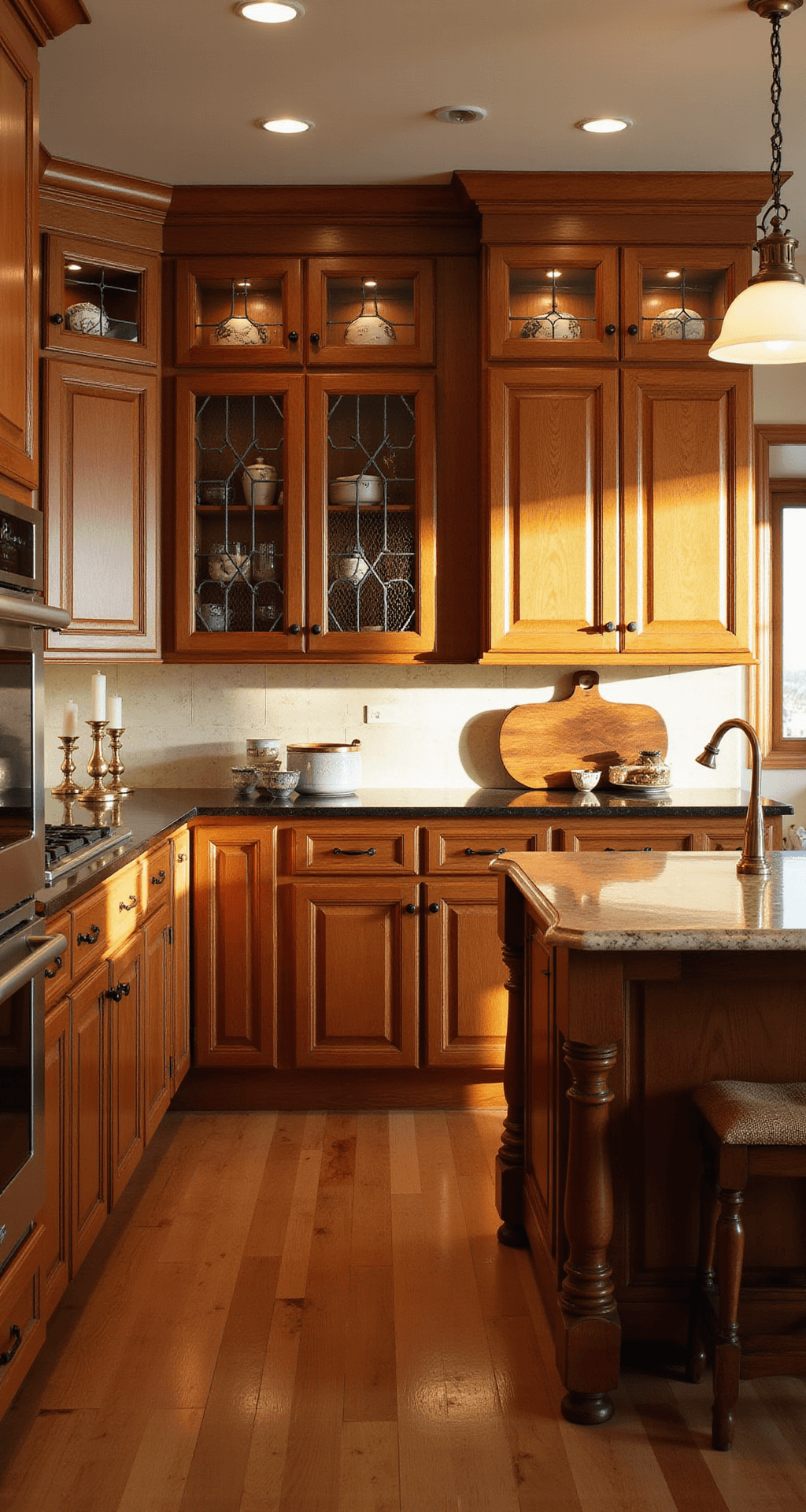 Wood Tones for Traditional Kitchen Cabinets: A Comprehensive Guide to Timeless Elegance Elegant kitchen featuring mixed wood tones with oak perimeter cabinets and a cherry island, highlighted by dramatic side lighting.