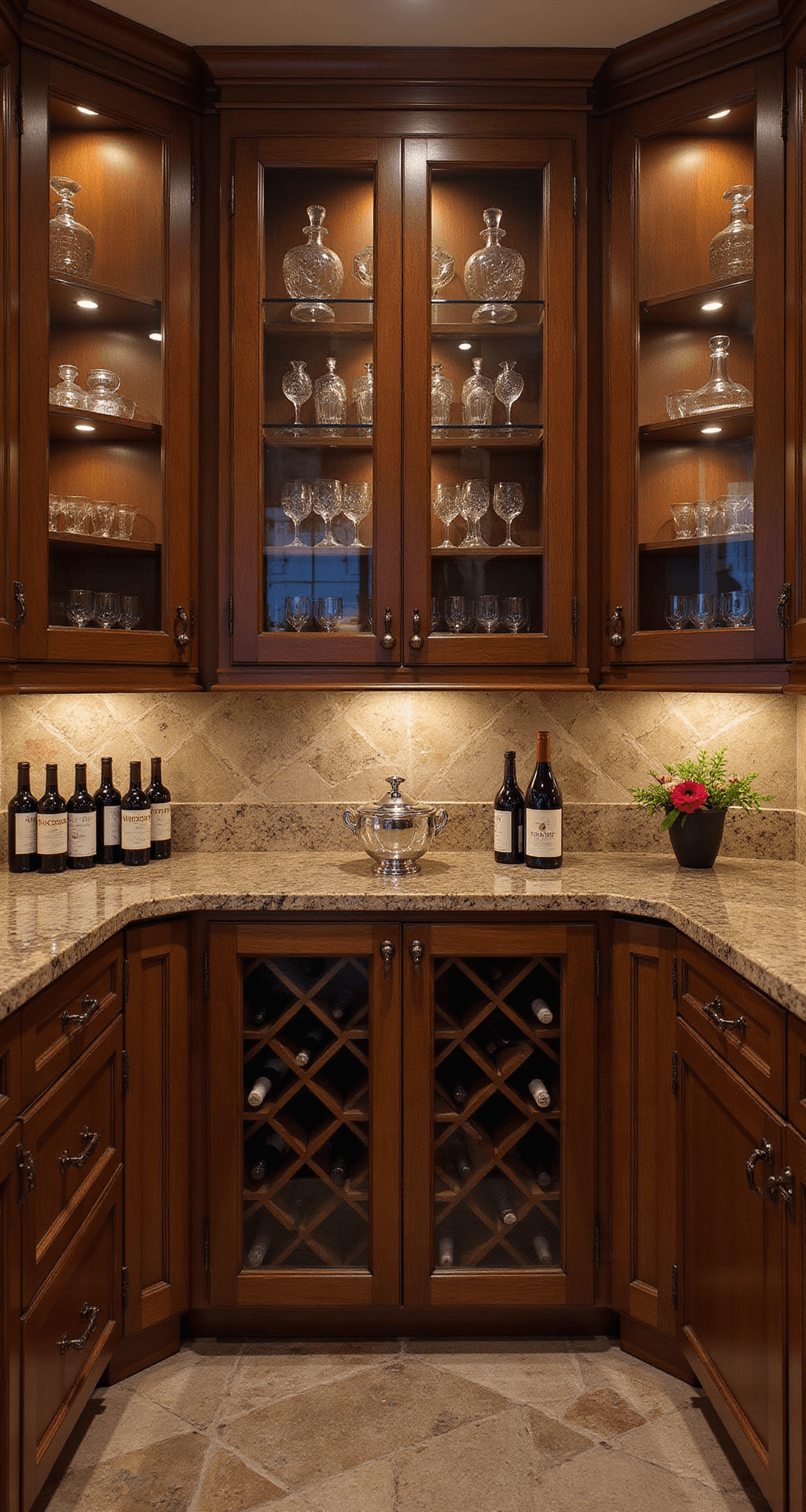 Wood Tones for Traditional Kitchen Cabinets: A Comprehensive Guide to Timeless Elegance A cozy butler's pantry at twilight featuring floor-to-ceiling walnut cabinets with wine storage, glass-front display cases, and an antiqued mirror backsplash reflecting warm lighting, styled with crystal decanters and vintage wine labels for an old-world charm.
